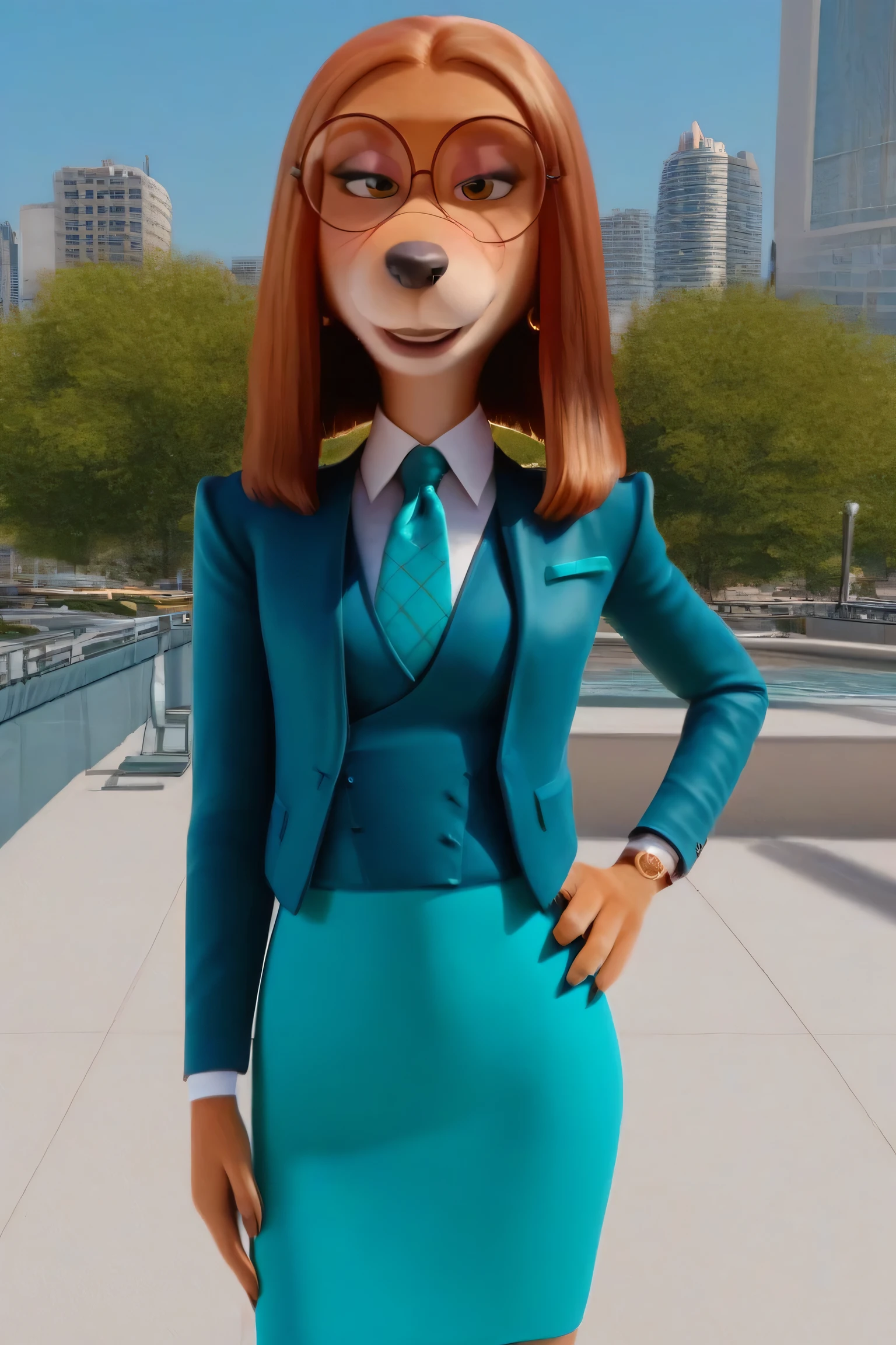 zPDXL, score_9,score_8_up,score_7_up,_up, best quality,  amazing quality, masterpiece, 1girl, looking at viewer, solo, cute, blush,  suki lane,  dog girl, animal ears, animal nose, brown eyes,  brown hair, brown fur,   three-piece suit, 1girl, solo, formal, jewelry, suit, necktie, earrings,jacket, waistcoat, shirt, standing, hand on hip, jacket, satin shirt,pencil skirt, cufflinks, round eyewear, blue sky,city, park, skyline, contour_deepening,depth of field, huge filesize,wallpaper,background,(flat color),burgerkiss, textured clothing, close up, nylon clothing, tail, pinstripe pattern