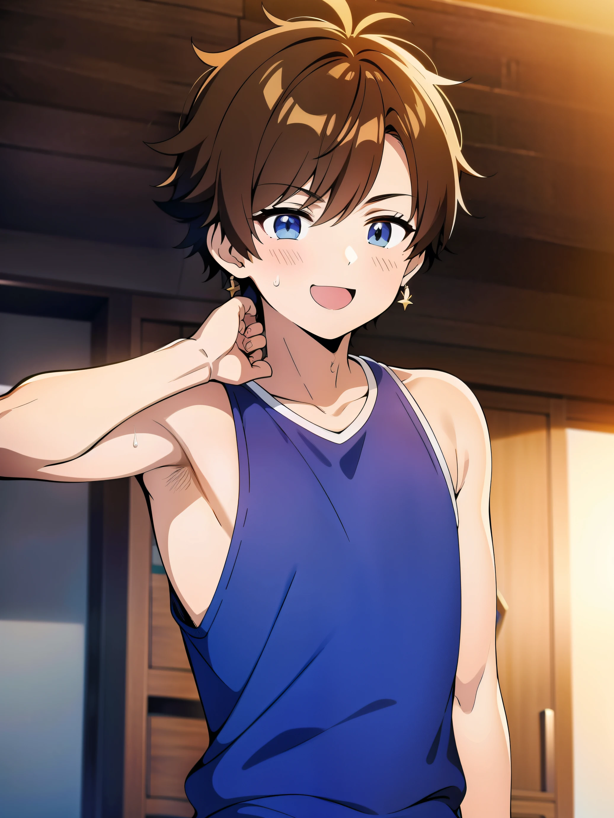 Highres, Masterpiece, Best quality at best,Best Quality,hight quality, hight detailed, Anime style, 1boy, Boy, Shota, Solo person, hansome, Messy hair, Earring, Sleeveless hoodie, Upper body, Summer day, Laugh, Slim body, Blurry beckground, Seen from the front, (Showing armpit:1.3), ( boy), (very small and short body), Uhd