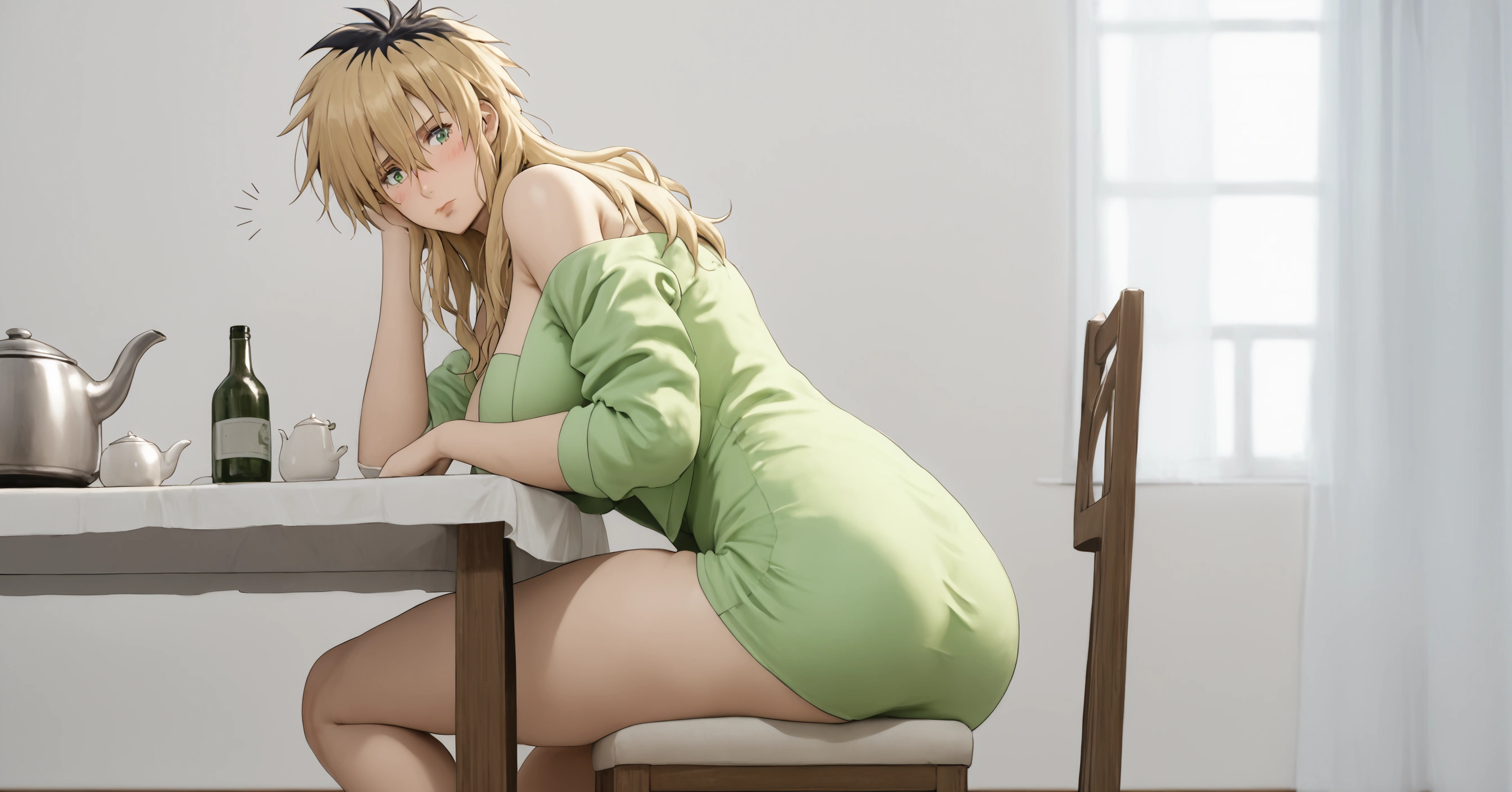 score_9, score_8_up, score_7_up, score_6_up, uncensored, miyako ishida, long hair, bangs, blonde hair, black hair, hair between eyes, green eyes, multicolored hair, two-tone hair, BREAK glow effects, godrays, Hand drawn, render, 8k, octane render, cinema 4d, blender, dark, atmospheric 4k ultra detailed, cinematic, Sharp focus, big depth of field, Masterpiece, colors, 4k, concept art, trending on artstation, Vivid colors, extremely detailed CG unity 8k wallpaper, trending on CGSociety, Intricate, High Detail, dramatic BREAK, 1girl, green dress, ass, sitting, solo, dress, breasts, short dress, table, looking at viewer, blush, indoors, off shoulder, large breasts, thighs, off-shoulder dress, closed mouth, notice lines, bare shoulders, bottle, bare legs, kettle, looking back, long sleeves, see-through, stool, off-shoulder jacket, jacket, open clothes, from behind, black lips, gloomy expression, 