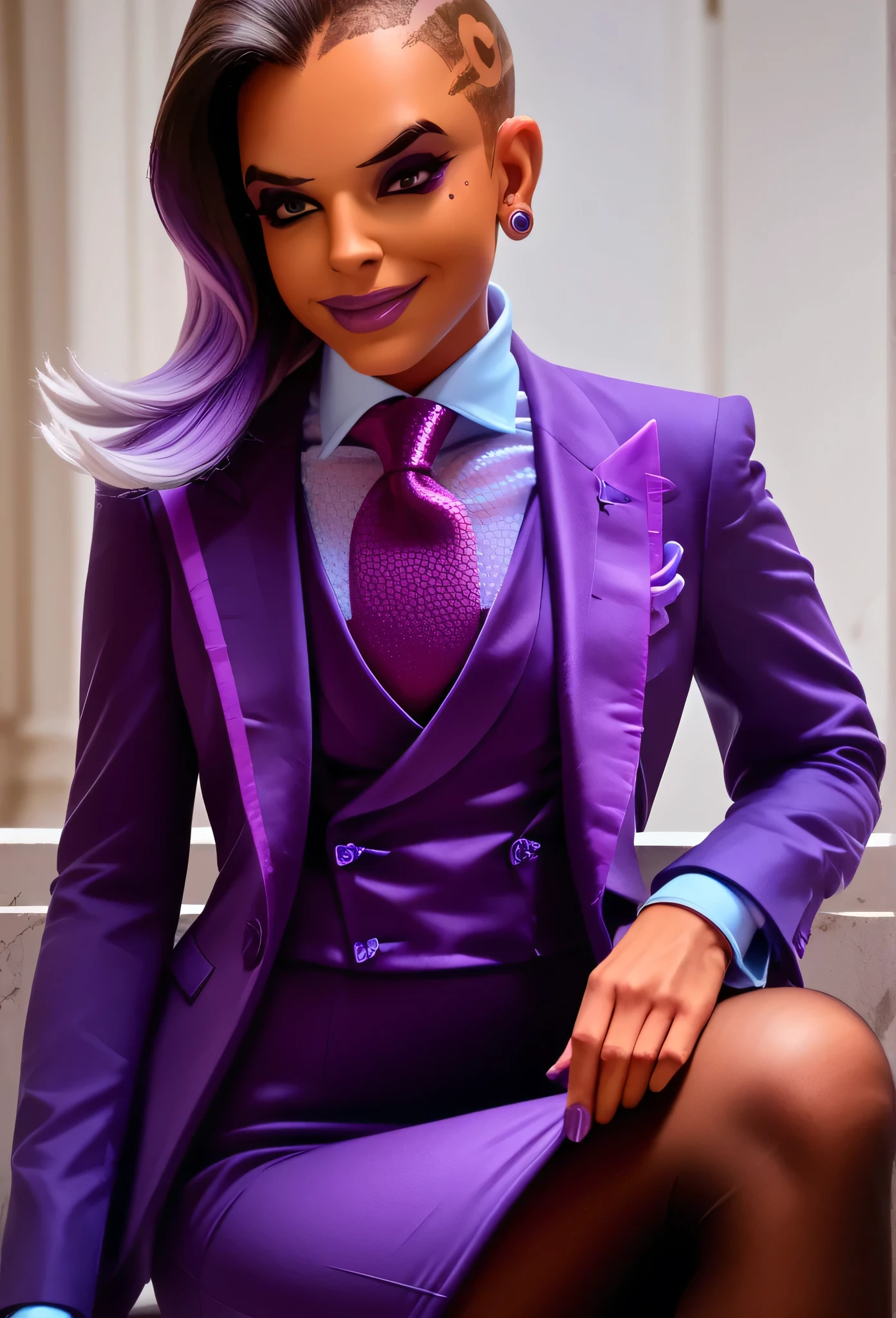 score_9, score_8_up, score_7_up, score_6_up, score_5_up, score_4_up, 3d,
owsombra, smirk, three-piece suit, ((waistcoat)), purple skirt suit, dress shirt, purple necktie, blazer, suit jacket, bodycon pencil skirt, (lilac shirt with white collar), white shirt collar, contrast collar, suit trim, makeup, lipstick, high heels, black pantyhose, elegant, cheeky, holding jacket lapel, hexagon pattern suit, waist up, detailed face, sitting on throne, crossed legs,