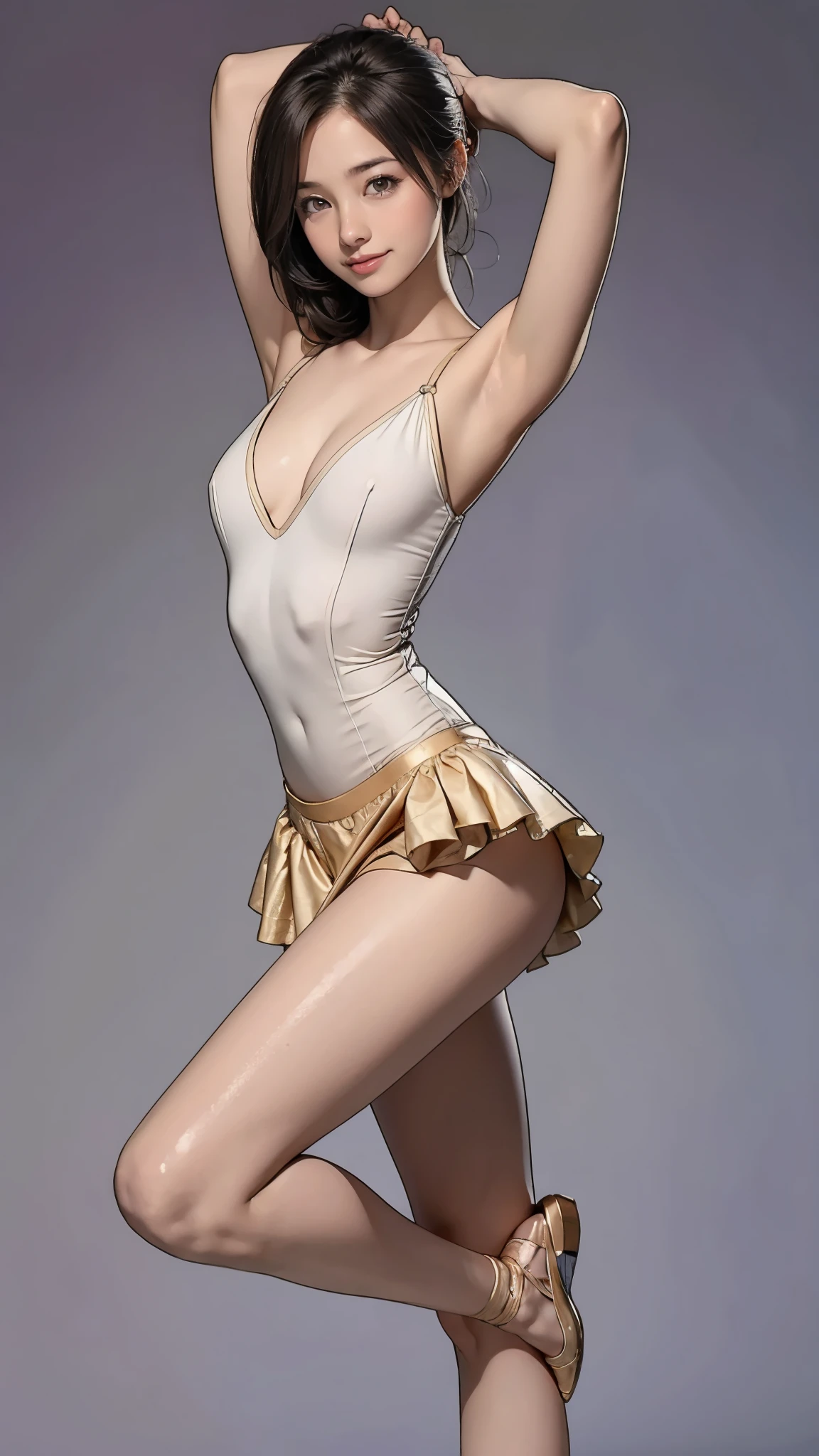 最high quality, High resolution, Realistic, Perfect Anatomy, Very detailed, Detailed face, Detailed body, high quality, Ballet Dancer, cold, pretty girl, Young Face, Beautiful breasts, ballerina, Very slim:1.5, Very thin waist:1.4, Sexy standing pose, Raise your arms:1.4, Show me your armpits:1.4, Ballet Dance Room, smile