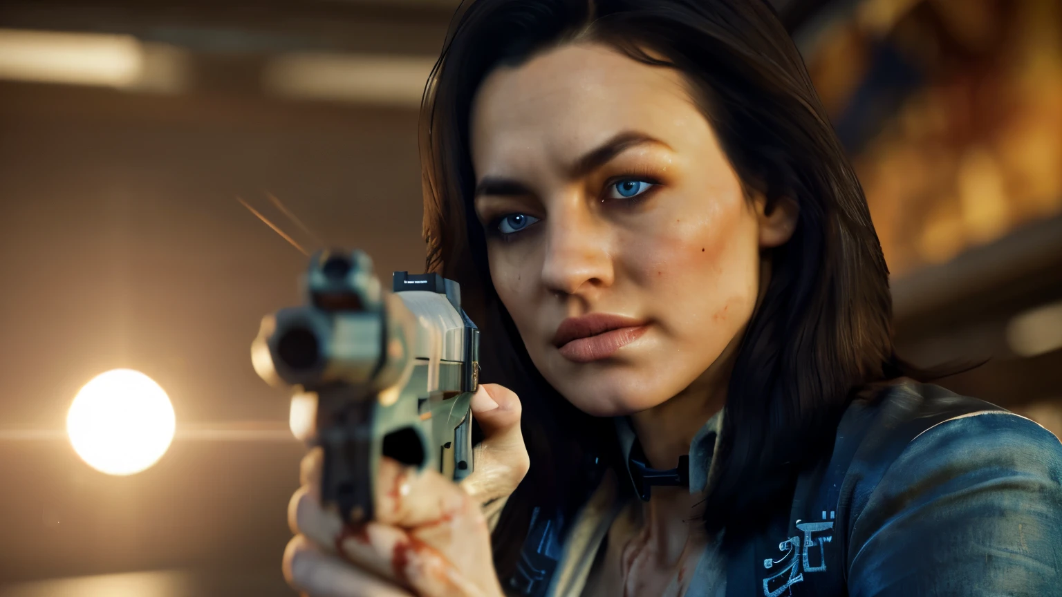 8k, best quality, real picture, intricate details, ultra-detailed, ultra highres, depth field,(photorealistic,realistic:1.2), masterpiece,photo of european girl, miranda, blue eyes, black hair, long hair, (bruise, dirty, torn clothes, blood:1.3), ripped bodysuit, , solo, sun, blue sky, best quality, realistic, photorealistic, (intricate details:1.2), (delicate detailed), (cinematic light), clear line, sharp focus, realistic face, detailed face, unity 8k wallpaper, ultra high res, (photorealistic:1.4), running, shooting gun, angry