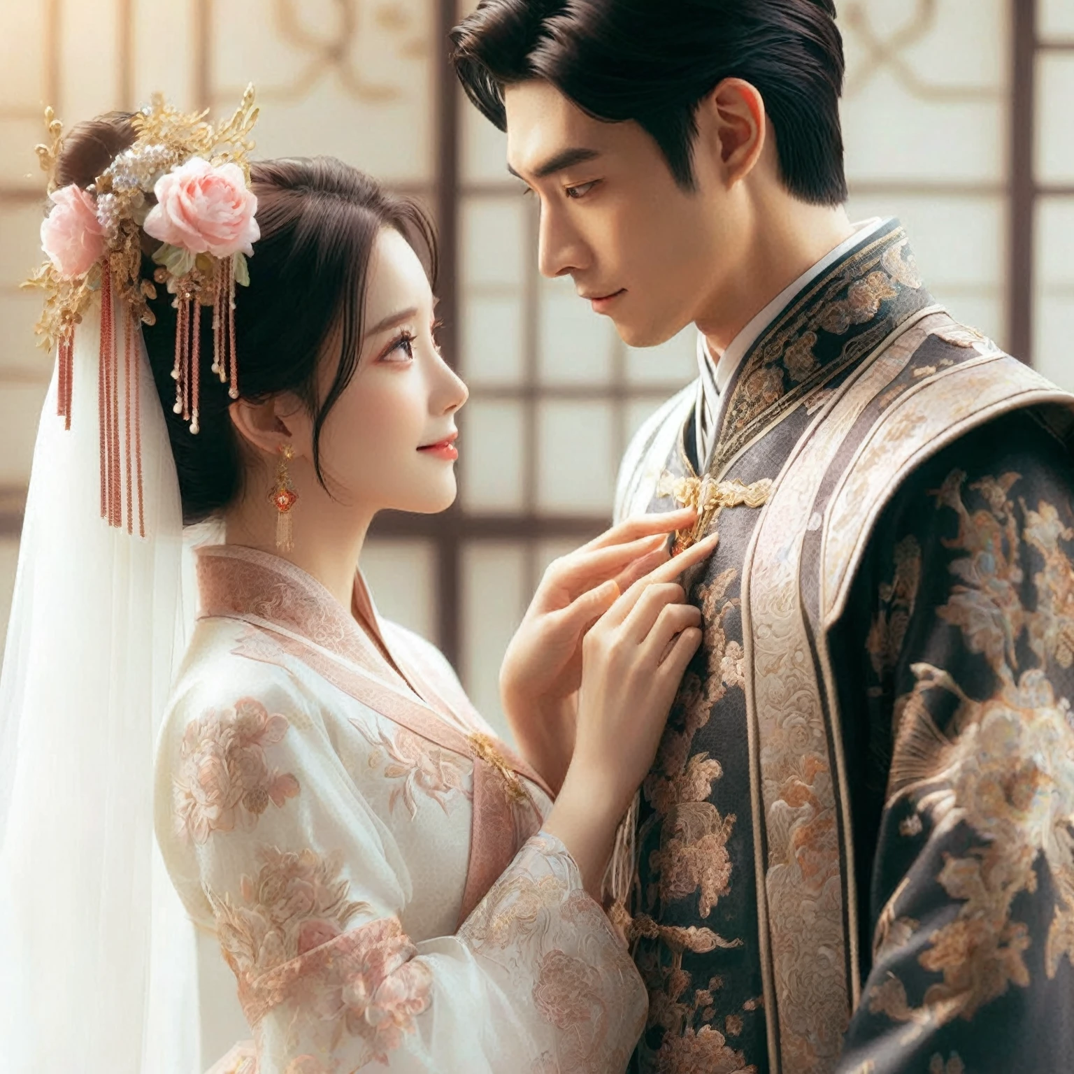 ((Highest quality)), ((masterpiece)), (detailed), （Perfect Face）、The woman is wearing a gorgeous, glittering Hanfu with gold embroidery and trim.、The woman and the middle-aged Chinese man embrace each other, kiss each other in vows, and are happily married at a luxurious Chinese wedding venue.