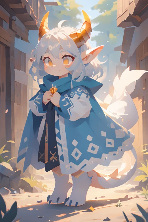 A half-ice dragon druid child with long silver-gray hair with bluish hair tips, her large amber eyes with reptilian elements. She has two short, bluish horns and no wings. Her body is human and her face, hands and feet have white scales mixing with the skin and she also has a long white dragon tail, in addition to having pointy ears and claws. Her outfit consists of a loose blue-white dress with puffed sleeves that reaches down to her hands. She has a small grayish crochet cape that is tied in front of her. She walks without shoes with her feet exposed.