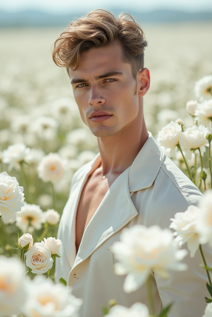Behold a fashion editorial photo shoot featuring a photogenic and charming 23-year-old male supermodel, With his prince-like eyes, sweet smile, and an angelic face adorned with natural blemishes and freckles, he boasts short curly hair, a symmetric face, and a natural pale skin tone that embodies youthfulness and athleticism. Exuding a unique allure with his exotic features, he stands in a meadow adorned with wild colorful flowers, wearing white sheer thong with a semi-hard bulge, the focus subtly directed towards it. Against the backdrop of vibrant greenery, he is captured in a full-body pose with a dynamic angle, emphasizing his captivating presence and the intricate details of the surroundings.
The photograph is taken with a Canon EOS R camera using an 85mm f/1.8 lens at an f/2.2 aperture, utilizing natural light. Employing three-point lighting and incorporating 3D animation shadows enhances his features and adds depth to the composition. The careful layering and arrangement of his body parts and surrounding objects ensure a flawless composition. This masterpiece celebrates the beauty of the male form and invites viewers to immerse themselves in a world of sophistication and charm. The seductive lighting and intricate details, combined with a dramatic composition, invite viewers to revel in the essence of a fun-filled day, brimming with joy and relaxation. Attention is meticulously paid to the layers and arrangement of his body parts and surrounding objects, ensuring correct body structure and photo distance. The romantic atmosphere, paired with a lively and extremely gorgeous background, enhances the overall allure of this exquisite image.