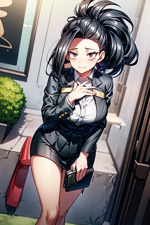 Momo Yaoyorozu my hero academia, standing outside in a sunny urban setting, wearing a black business suit with a fitted white dress shirt underneath, the jacket draped over her shoulders. She has a black necktie loosely knotted, resting against her chest. Her long black hair is styled in an elegant high ponytail with a single loose strand framing her face. Her nails are manicured and painted a subtle shade of pink. She looks up at the viewer with a warm, gentle smile, her fine onyx eyes crinkling slightly at the corners. Her medium-sized breasts strain against the fabric of her blouse, the outline visible beneath the structured jacket. She places a hand on her chin thoughtfully, her fingers steepled together. She wears black formal pants and black ankle boots, giving her an authoritative yet approachable appearance. The overall effect is one of professional maturity and quiet confidence."