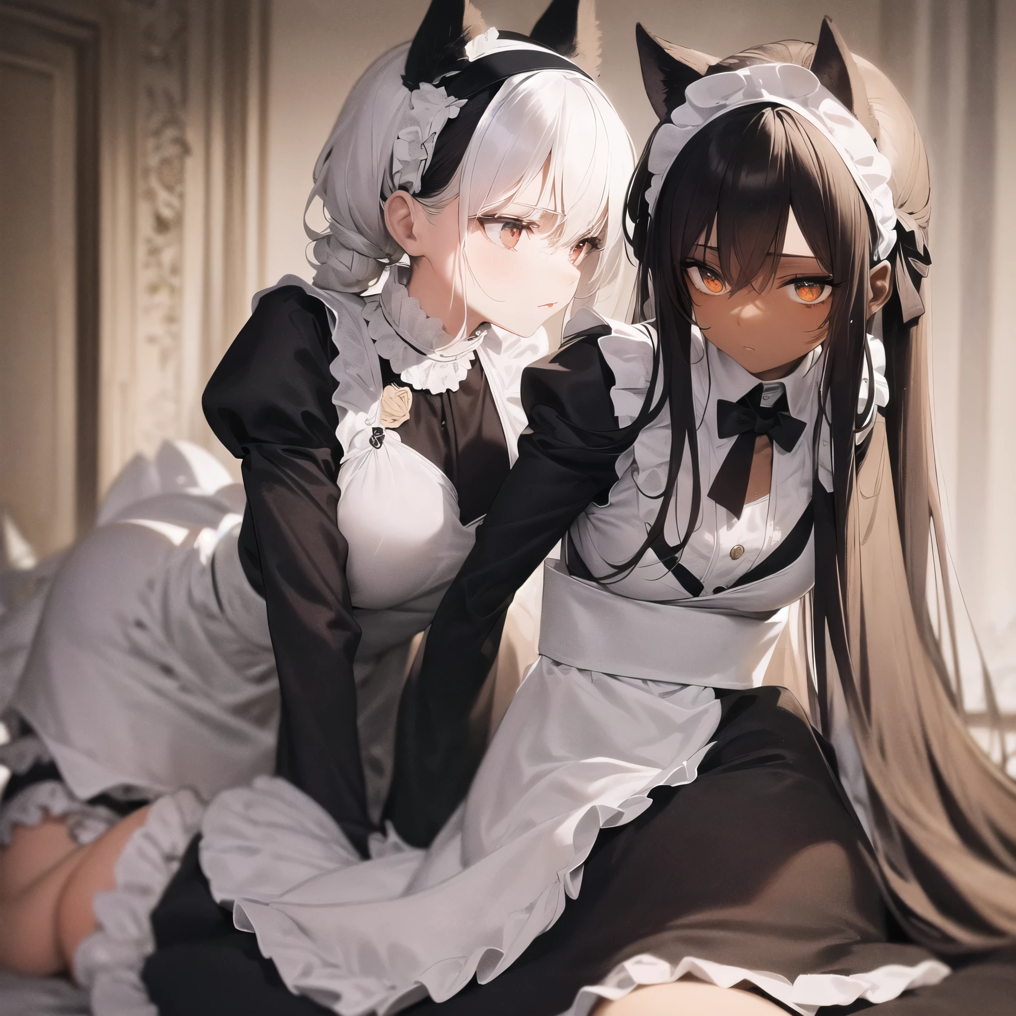 Hybrid black fox woman, wears a maid's outfit showing her panties, wear black boots, has long messy shaggy yellow hair, has dark red eyes, has black fox ears and black fox tail, has big breasts.