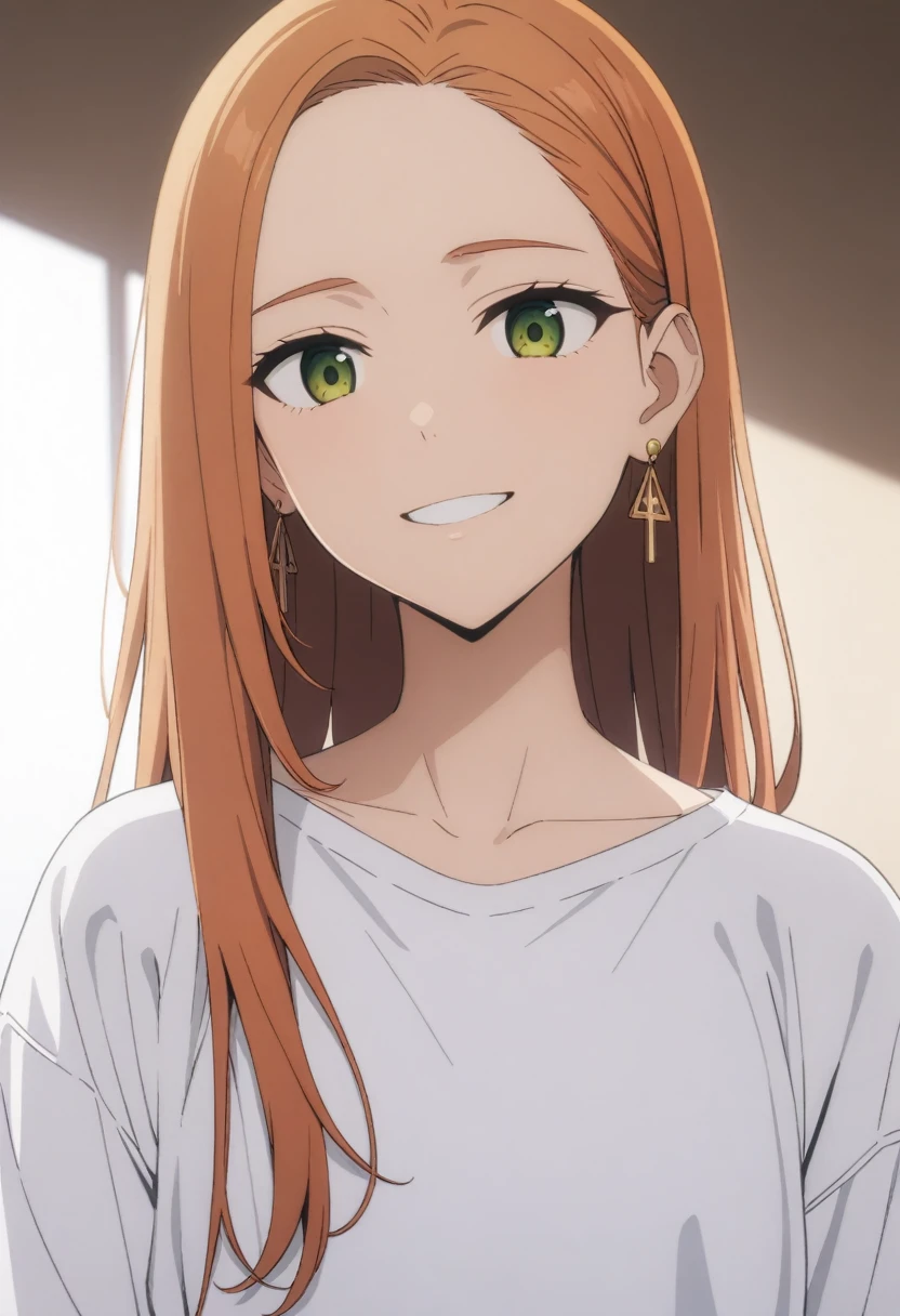 (masterpiece, best quality, very aesthetic, ultra detailed), intricate details,
1girl, kotohadef, long orange hair, green eyes, earrings, jewelry, collarbone, white shirt,  smile, looking at viewer,