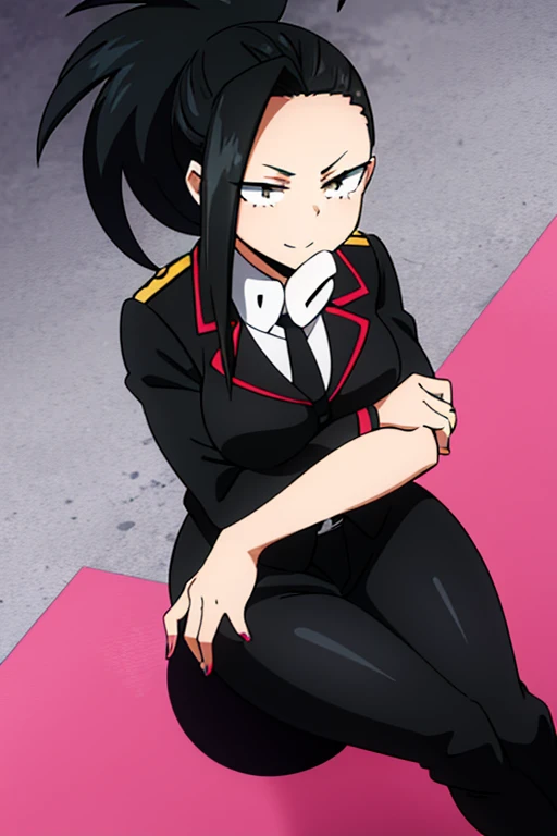 Momo Yaoyorozu my hero academia, standing outside in a sunny urban setting, wearing a black business suit with a fitted white dress shirt underneath, the jacket draped over her shoulders. She has a black necktie loosely knotted, resting against her chest. Her long black hair is styled in an elegant high ponytail with a single loose strand framing her face. Her nails are manicured and painted a subtle shade of pink. She looks up at the viewer with a warm, gentle smile, her fine onyx eyes crinkling slightly at the corners. Her medium-sized breasts strain against the fabric of her blouse, the outline visible beneath the structured jacket. She places a hand on her chin thoughtfully, her fingers steepled together. She wears black formal pants and black ankle boots, giving her an authoritative yet approachable appearance. The overall effect is one of professional maturity and quiet confidence."