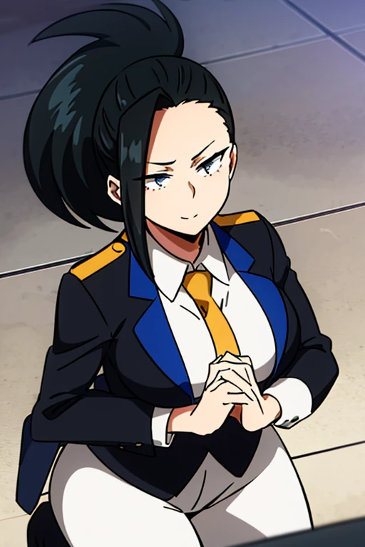 Momo Yaoyorozu my hero academia, standing outside in a sunny urban setting, wearing a black business suit with a fitted white dress shirt underneath, the jacket draped over her shoulders. She has a black necktie loosely knotted, resting against her chest. Her long black hair is styled in an elegant high ponytail with a single loose strand framing her face. Her nails are manicured and painted a subtle shade of pink. She looks up at the viewer with a warm, gentle smile, her fine onyx eyes crinkling slightly at the corners. Her medium-sized breasts strain against the fabric of her blouse, the outline visible beneath the structured jacket. She places a hand on her chin thoughtfully, her fingers steepled together. She wears black formal pants and black ankle boots, giving her an authoritative yet approachable appearance. The overall effect is one of professional maturity and quiet confidence."