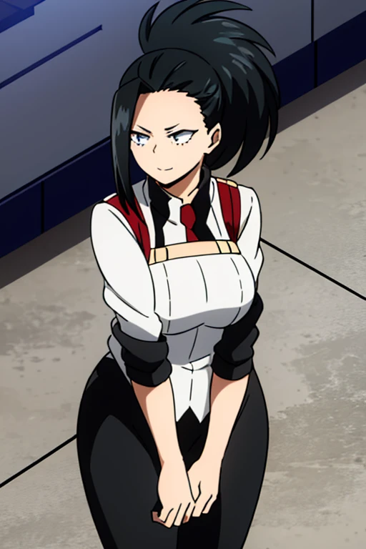 Momo Yaoyorozu my hero academia, standing outside in a sunny urban setting, wearing a black business suit with a fitted white dress shirt underneath, the jacket draped over her shoulders. She has a black necktie loosely knotted, resting against her chest. Her long black hair is styled in an elegant high ponytail with a single loose strand framing her face. Her nails are manicured and painted a subtle shade of pink. She looks up at the viewer with a warm, gentle smile, her fine onyx eyes crinkling slightly at the corners. Her medium-sized breasts strain against the fabric of her blouse, the outline visible beneath the structured jacket. She places a hand on her chin thoughtfully, her fingers steepled together. She wears black formal pants and black ankle boots, giving her an authoritative yet approachable appearance. The overall effect is one of professional maturity and quiet confidence."