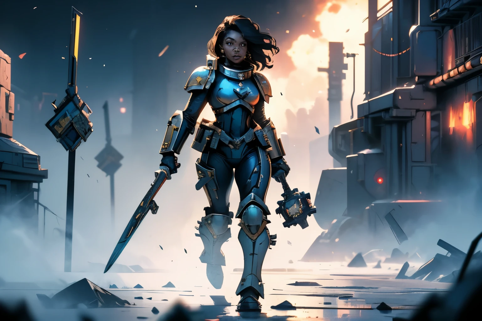 Space Marine woman from Warhammer 40k, (1 space marine girl, Warhammer 40k), space marine woman walking on a battlefield with grandeur, detailed art, high quality, 8k, hdr, ultra realistic, best quality, cold colors, (black girl, black female, slim body), ((no clothes))