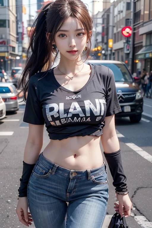 Age 25, Skinny, Small breasts, hime cut, Medium Hair, Black hair, jewelry eyes, Black eyes,White T-shirt, stylish pose,masterspiece、beste Quality、Detailed beautiful face and eyes、detailed beautiful、masterspiece、beste Quality、