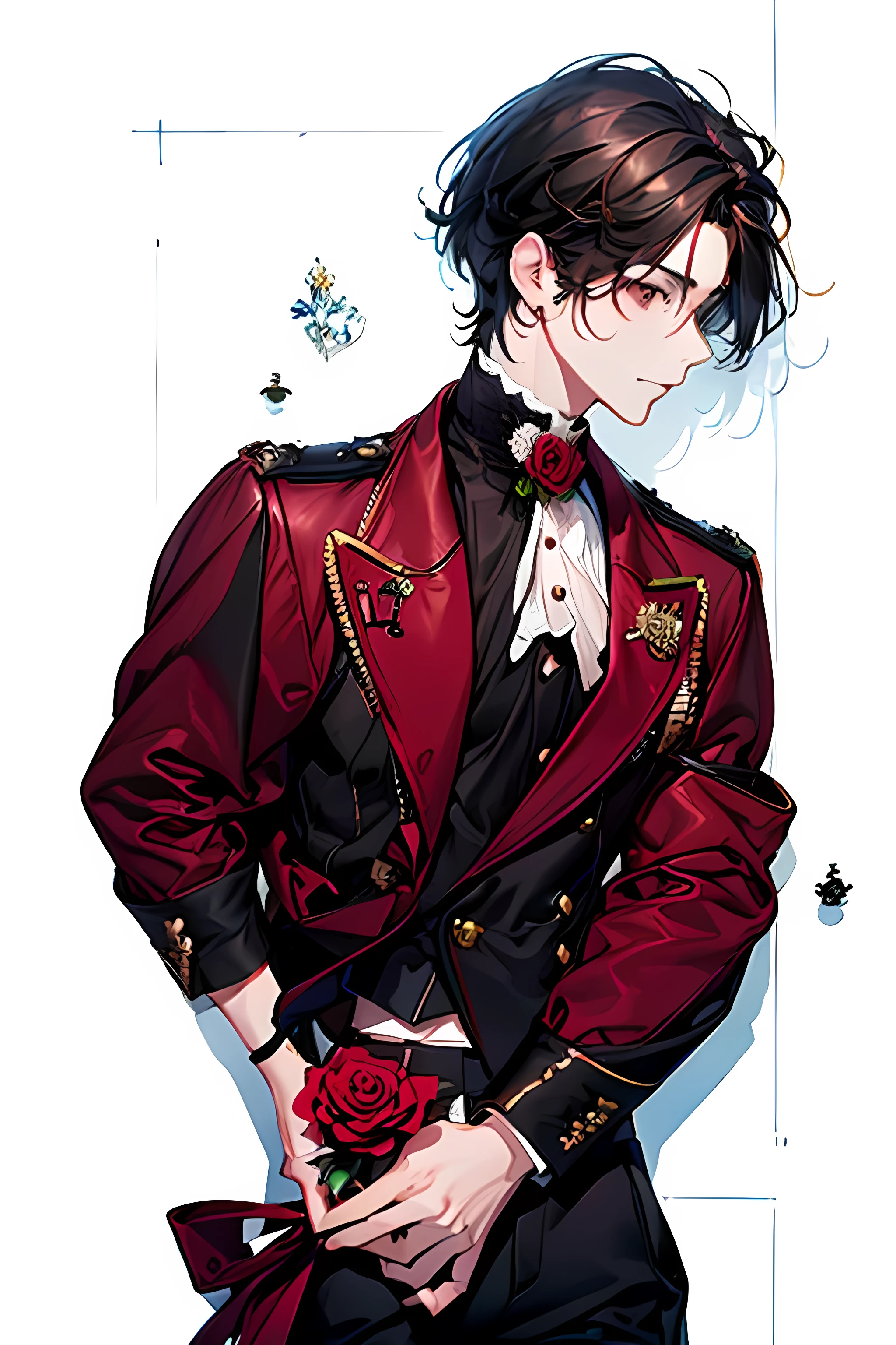Male, idol, slender figure, black inner shirt, burgundy outer shirt, behind the character, hands above the hips, holding a red rose, black trousers, high quality, correct fingers