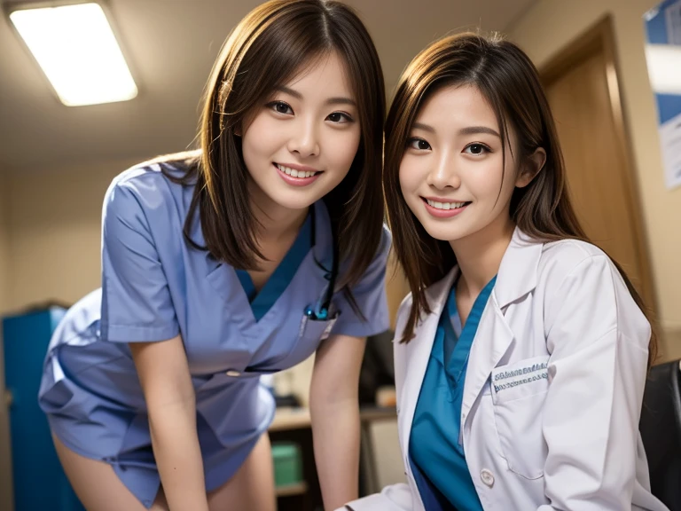 masterpiece, best quality, beautiful woman, 2 female doctor and apprentice 2 nurses, (laboratory viewer), approaching, seductive grin smug, light-brown hair, big breasts, at examination room, cum inside the examiner, treatment, dynamic angle, depth of view, viewer's thighs, POV