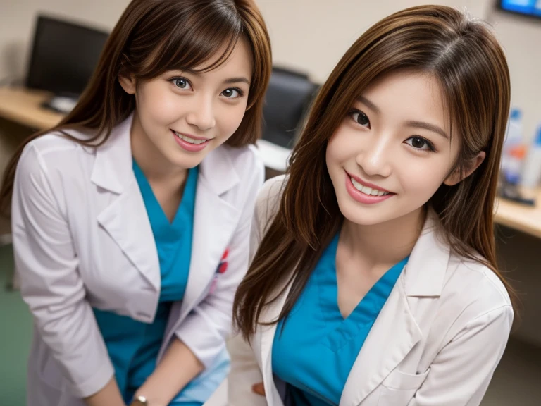 masterpiece, best quality, beautiful woman, 2 female doctor and apprentice 2 nurses, (laboratory viewer), approaching, seductive grin smug, light-brown hair, big breasts, at examination room, cum inside the examiner, treatment, dynamic angle, depth of view, viewer's thighs, POV