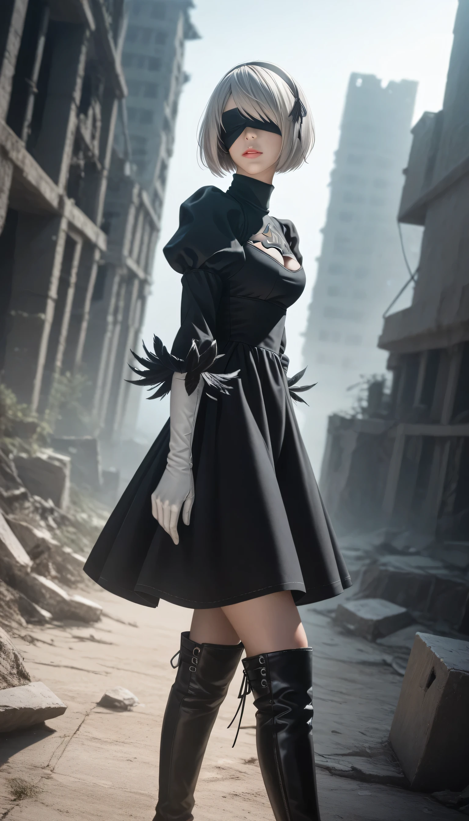 score_9, score_8_up, score_7_up, 32k,masterpiece, highest quality,
photo realistic, vibrant colors, chiaroscuro lighting, cinematic lighting,
2B Nier Automata, 
bob cut, gray hair, bangs, blindfold, pink lips,
black goth dress, long sleeve, Juliet sleeve, white gloves, turtleneck, feather ornament, feather ornament sleeves, black leather boots,
ruins, a ruined world, a devastated battlefield, picturesque, beautiful scenery, fantastic night sky
seductive pose, cinematic angle,