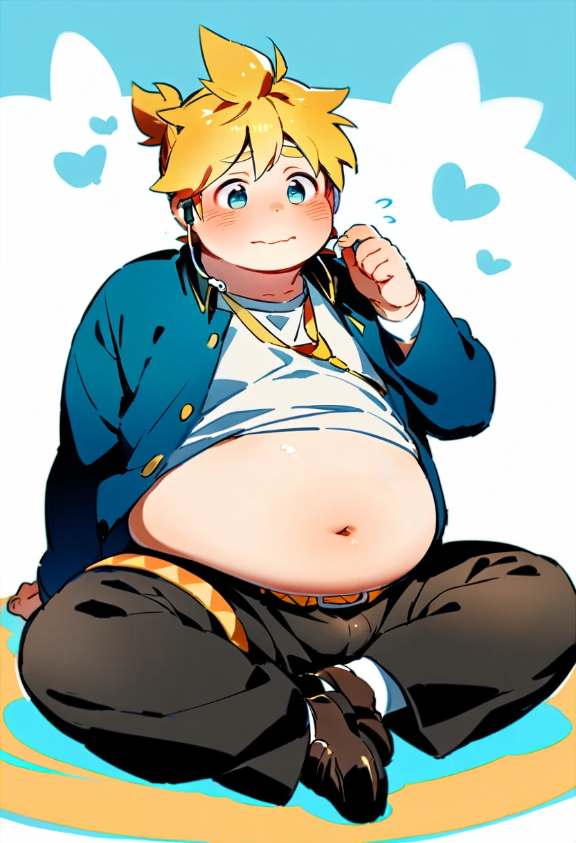 boy, (fat male teenager), (Kagamine Len), (cute), obese, chubby cheek, fat rolls, school uniform, earphone, (chubby), (plump), (belly spill over the waistband), sitting on a soft mat, (full blushed), belly button exposed, rubbing his neck, feeling embarrassed