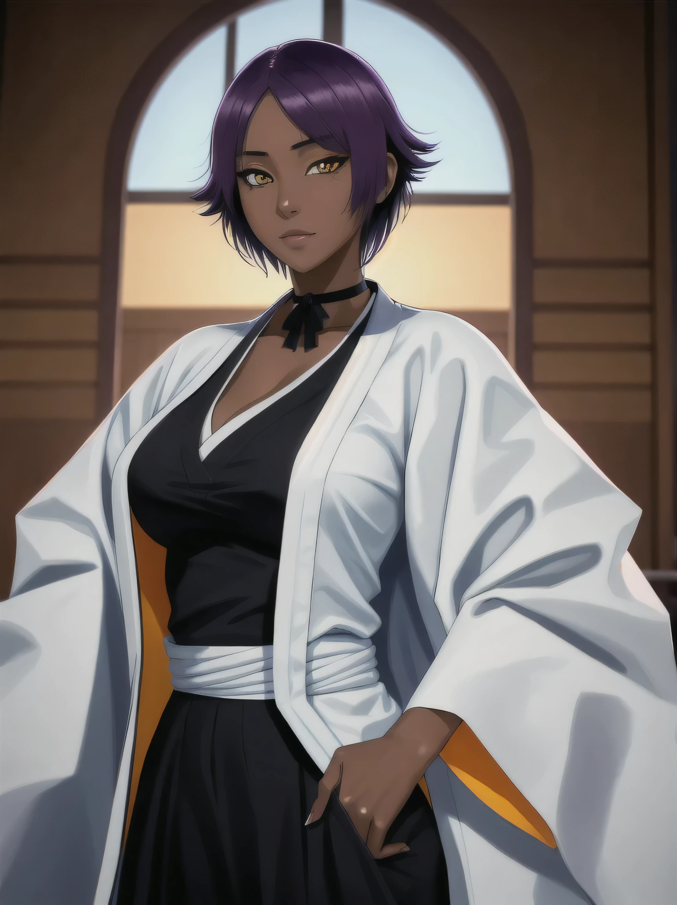 Masterpiece, HD quality, high quality, highres shihouin yoruichi,  black shirt, black kimono, open white coat, black hakama, 1girl, solo, dark skinned female, dark skin, short hair, parted bangs, purple hair, yellow eyes , standing, cowboy shot,  ribbon choker,   side breast, evening, winter, light blue and white