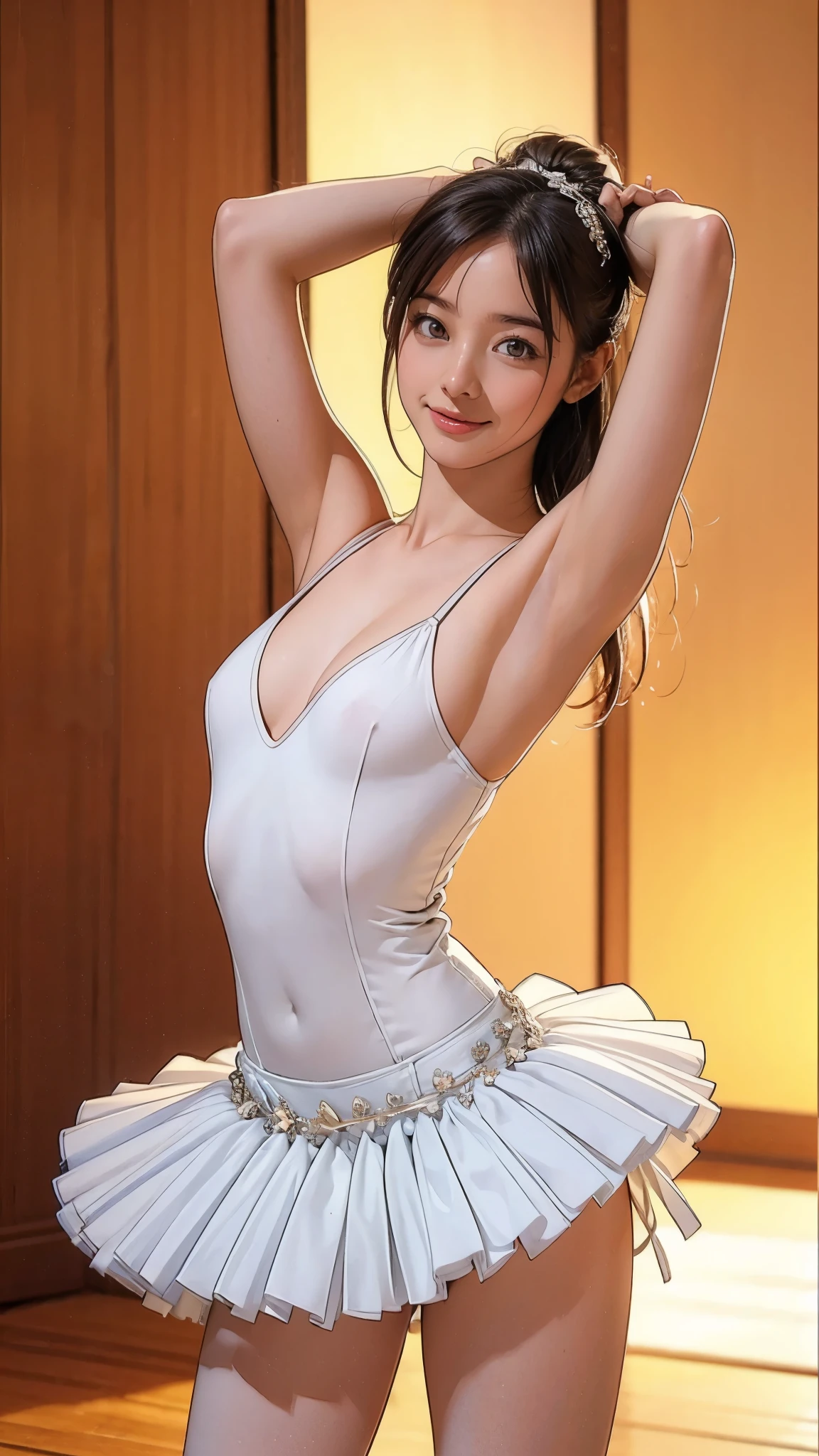 最high quality, High resolution, Realistic, Perfect Anatomy, Very detailed, Detailed face, Detailed body, high quality, A kind smile, Ballet Dancer, cold, pretty girl, Young Face, Beautiful breasts, ballerina, Very slim:1.5, Very thin waist:1.4, Sexy standing pose, Raise your arms:1.4, Show me your armpits:1.4, Ballet Dance Room, ((Tutu))
