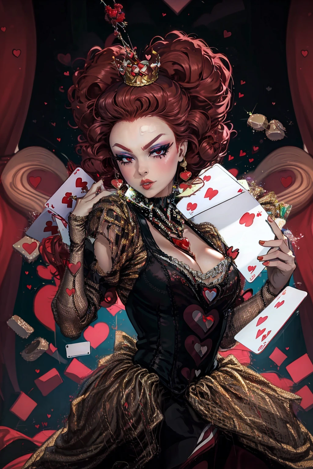 In a luxurious casino, A stunning woman wears an exquisite dress adorned with heart symbols, embodying the royal presence of the Queen of Hearts. Surrounded by a backdrop of poker cards and chips, She exudes confidence and seduction, inviting players to test their luck and skills in the game of chance. short curly hair, red hair (queen of hearts), smiling, wide smile, angry face, upper body