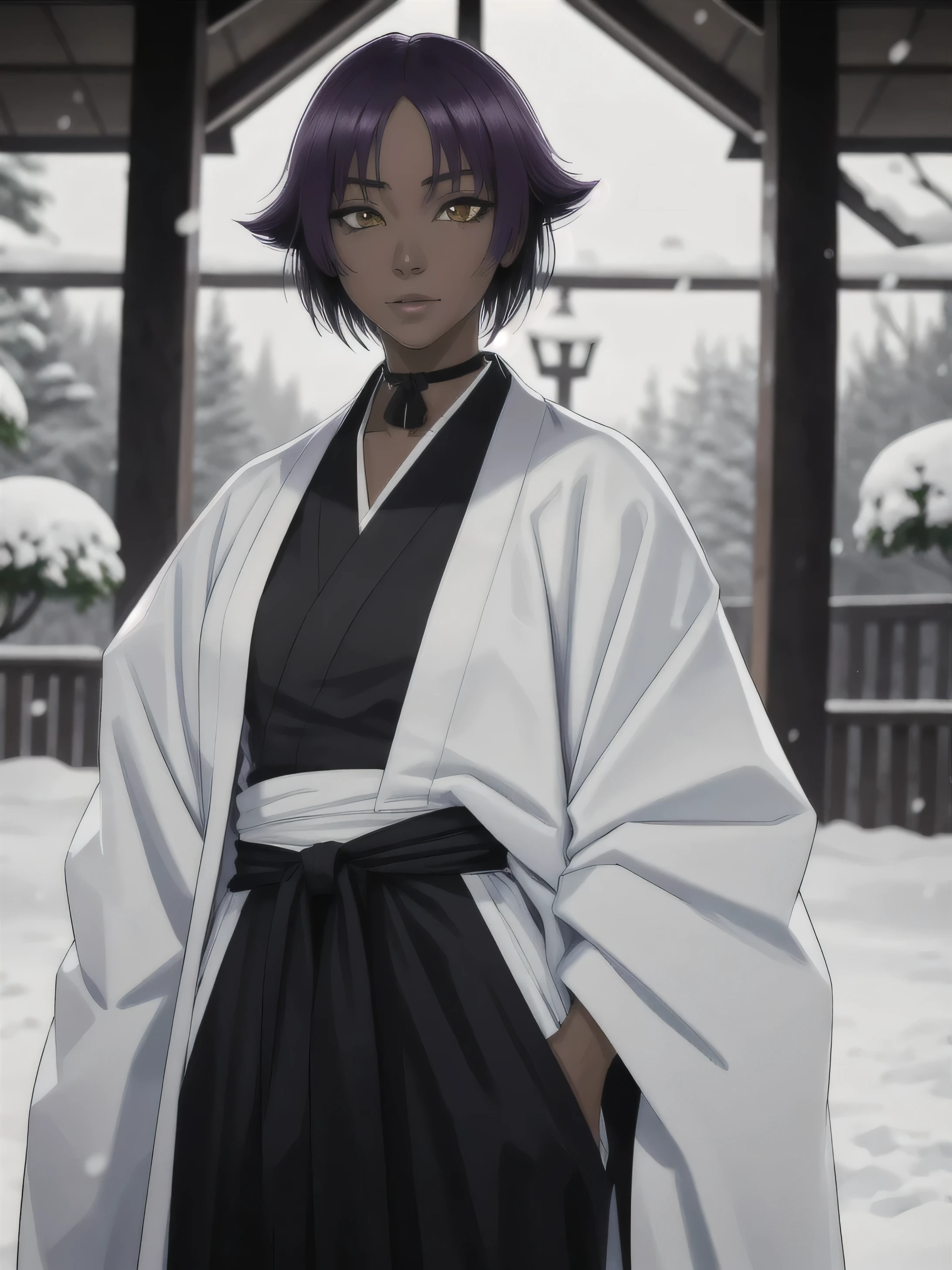 Masterpiece, HD quality, high quality, highres shihouin yoruichi,  black shirt, black kimono, open white coat, black hakama, 1girl, solo, dark skinned female, dark skin, short hair, parted bangs, purple hair, yellow eyes , standing, cowboy shot,  ribbon choker , evening, winter, snow fall,  light blue and white