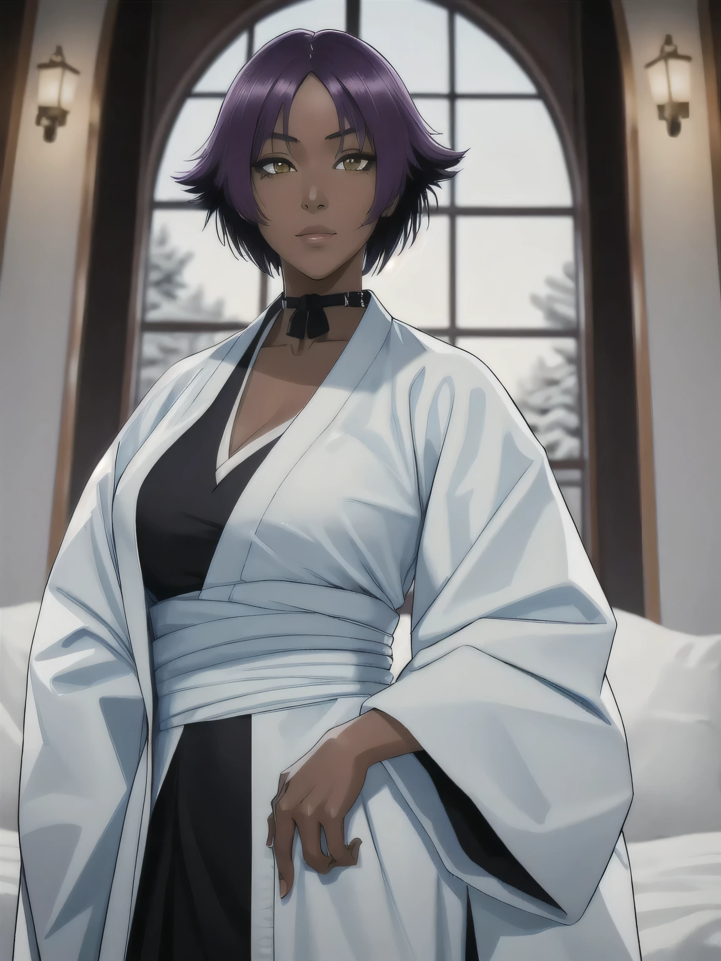 Masterpiece, HD quality, high quality, highres shihouin yoruichi,  black shirt, black kimono, open white coat, black hakama, 1girl, solo, dark skinned female, dark skin, short hair, parted bangs, purple hair, yellow eyes , standing, cowboy shot,  ribbon choker,   side breast, evening, winter, snow fall,  light blue and white