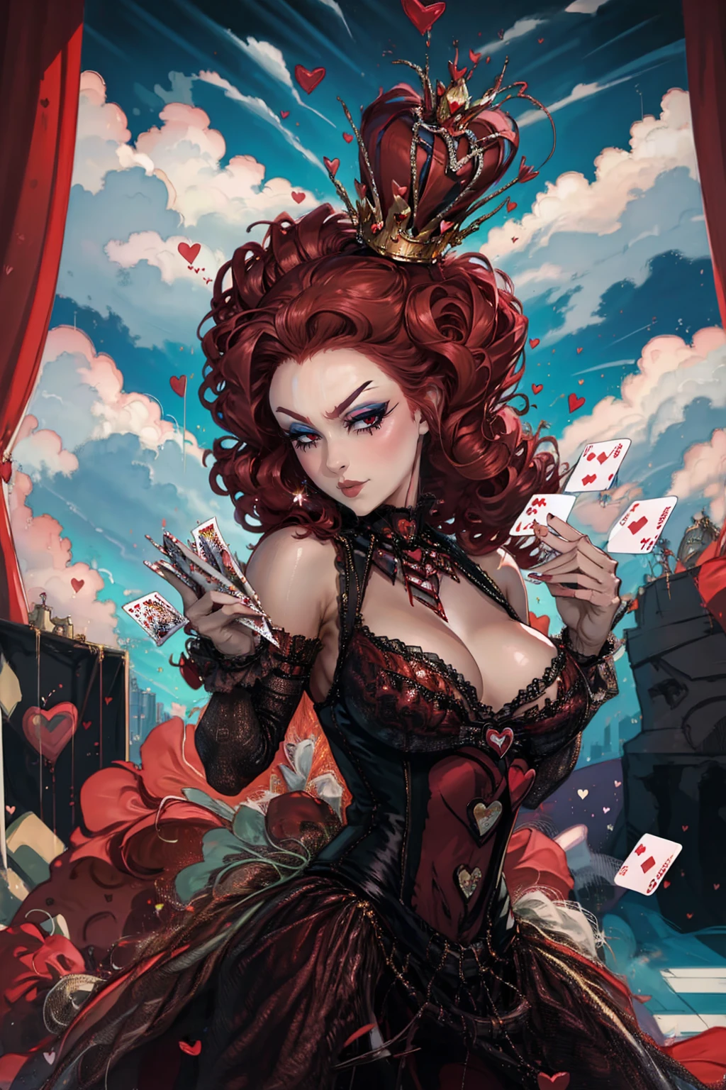 In a luxurious casino, A stunning woman wears an exquisite dress adorned with heart symbols, embodying the royal presence of the Queen of Hearts. Surrounded by a backdrop of poker cards and chips, She exudes confidence and seduction, inviting players to test their luck and skills in the game of chance. perfect hands, perfect fingers, short curly hair, red hair (queen of hearts), smiling, wide smile, angry face, upper body