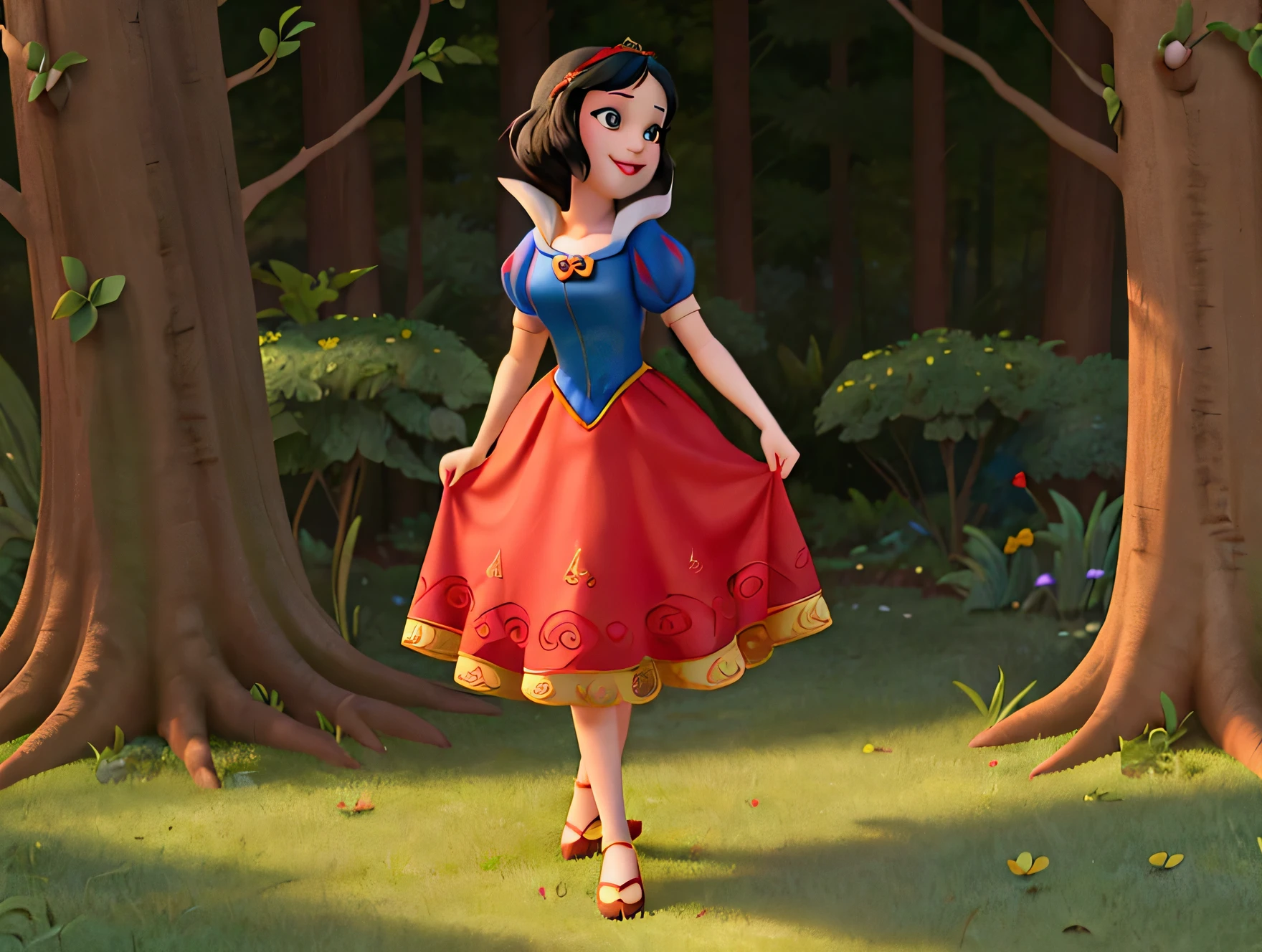 fairy tale character, snow white, beautiful girl, unparalleled beauty, short hair, fair skin, black eyes, black hair, red mouth, delicate, feminine, well-behaved clothes, decent clothes, long dress, full body, white dress Snow White character standing in the forest. pixar style drawing. Disney's Snow White Princess. red and yellow dress, with workers, medieval style, best quality, beautiful smile, perfect eyes, perfect hands, flawless, high quality.