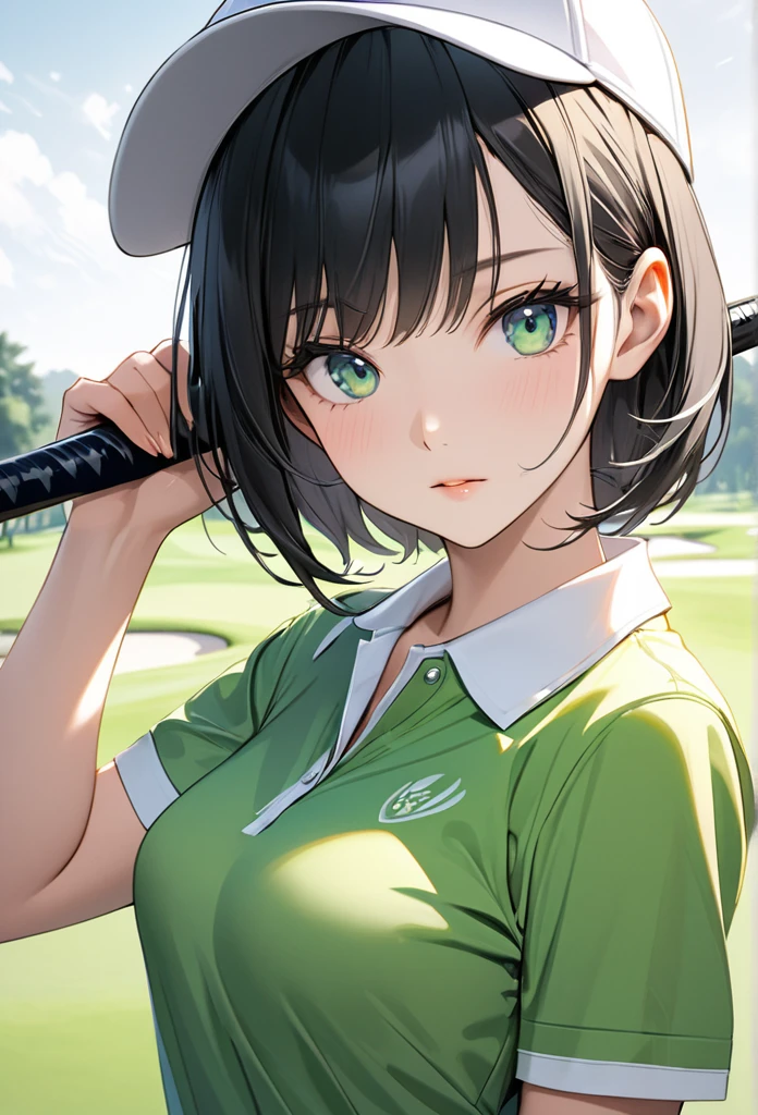 sound High resolution The beauty of 8k Woman playing golf Golf course Beautiful woman Wolf Cut Black Hair Golf Wear mini skirt smile Looking into the camera nice shot Sleeveless Sun visor wild