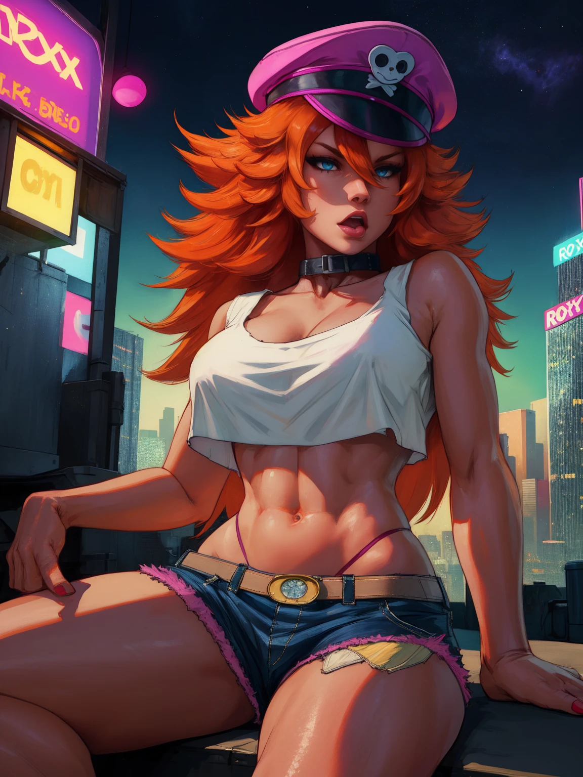 a detailed portrait of roxy, a girl with orange hair and blue eyes, long hair, wearing a white crop top, collar, and short shorts, also wearing a peaked cap, set against a night cityscape with neon lights, (insanely detailed, masterpiece, best quality), solo, sitting