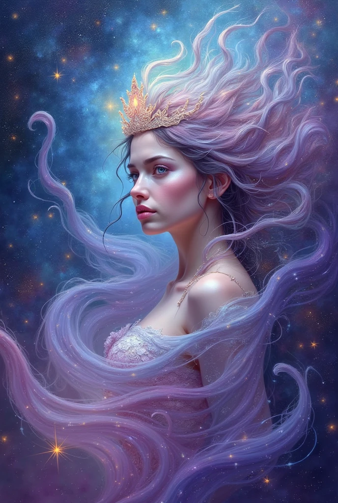 Try creating a surreal depiction of a mermaid, Fusion with the celestial elements, Depict them as cosmic beings rather than sea creatures. The painting is a vibrant tapestry of swirling galaxies and nebulae, Star-studded purple, Blues, And pink flows into each other like a cosmic ocean. Her figure is barely defined、suggested through the interplay of light and shadow within a celestial backdrop, As if she emerged from the fabric of the universe. Stardust flickers on the canvas, And comet-like streaks suggest her movement through space.. Her Eyes, Brilliant and otherworldly, A focal point that draws the viewer to infinity and beyond. Delicate, Blending gradients、Expressing tranquility in a vast space、Layers of paint add depth to the space world.。. The composition is a poignant reminder of the timeless charm of the mermaid and her fleeting beauty., Eternal and vast, like the universe itself. Allowing viewers to explore concepts of mystery and infinity through the celestial appearance of the mermaid.