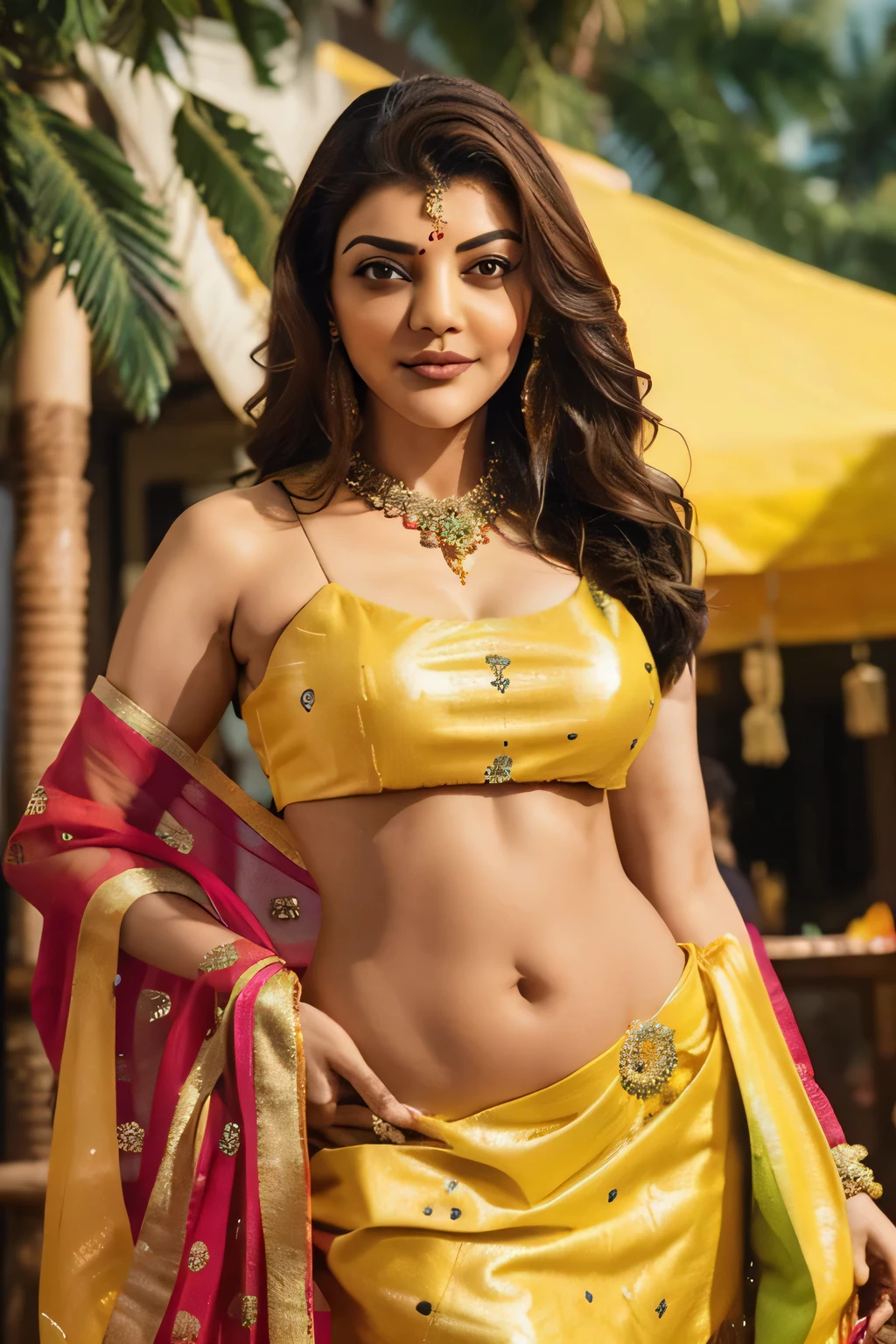 kajal aggarwal adorned in a vibrant lehenga choli set, round deep navel, eyes symmetry, face symmetry, HDR, bold and rich colors, intricate embellishments, and festive accessories for a celebratory look, HDR