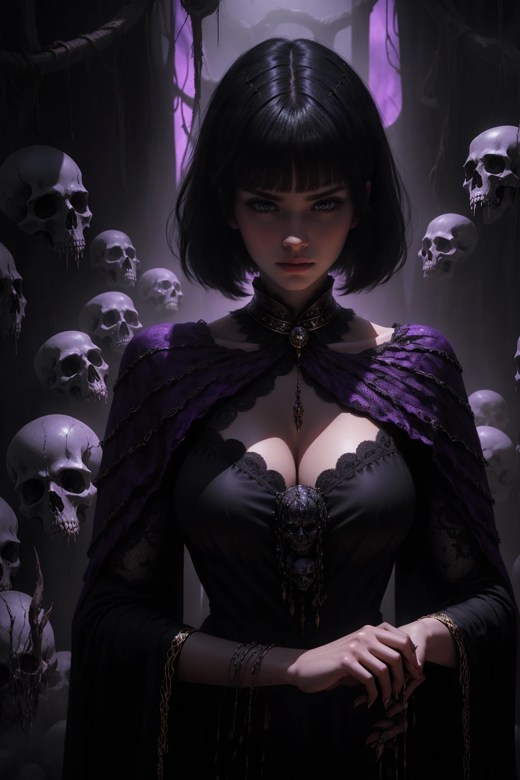(Masterpiece - Ultra-Detailed, High Resolution) woman 30 years old, witchcraft, magician,magic clothes, where poison potions and vines abound, a woman (hutless), short black hair (black hair), (bangs), (purple eyes), looks at you amidst a pile of bones and skulls. Indifferent look , merciless. among the skulls, dancing witk a demon, Angry face, dinamic poses, egoist smile, upper body, black lipstick, sitting on the floor