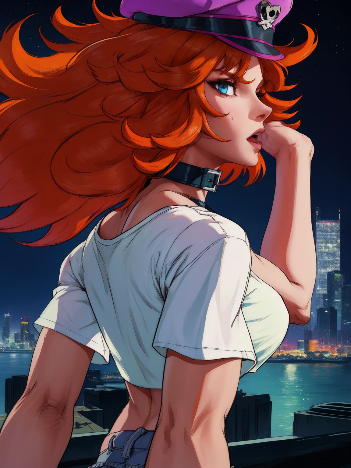 a detailed portrait of roxy, a girl with orange hair and blue eyes, long hair, wearing a white crop top, collar, and short shorts, also wearing a peaked cap, set against a night cityscape with neon lights, (insanely detailed, masterpiece, best quality), solo, backwards, looking back