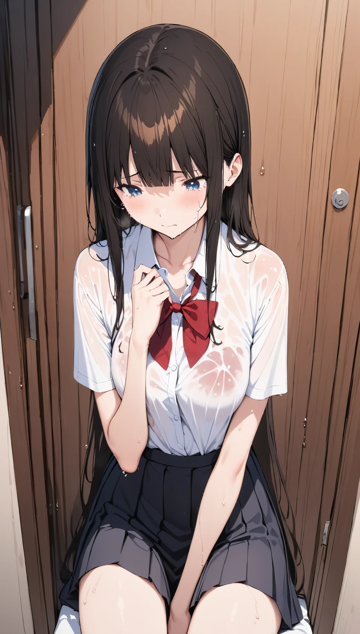 ((masterpiece,Best Quality:1.3,best quality illustrations)), anime,portrait,1woman, adult,straight long hair,black hair,wet hair,small head,long bangs between eyes, blue eyes,shy,tears,Look down,(gorgeous eyes),long body,medium breasts,School uniform,(Soaked clothes), (collared white shirt), Well good,pleated Black mini skirt, Red bowtie,slender body,sitting,A simple white hotel、Simple hotel bedroom,nsfw,