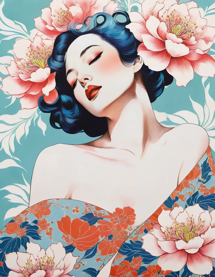 movie poster art for sensual illustration of an elegant , retro and vintage ,silky flower around body, matte painting, by Hannah Dale, by Harumi Hironaka, extremely soft colors, vibrant, pastel, highly detailed, digital artwork, high contrast, dramatic, Blue and white porcelain