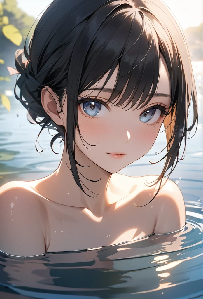 ((Highest quality)), ((masterpiece)), (detailed),,Girl,nude,(Blue Eyes),smile,Bubbleのお風呂,(Bubble),bathing,Small breasts,long hair,(Upper Body),naked,
