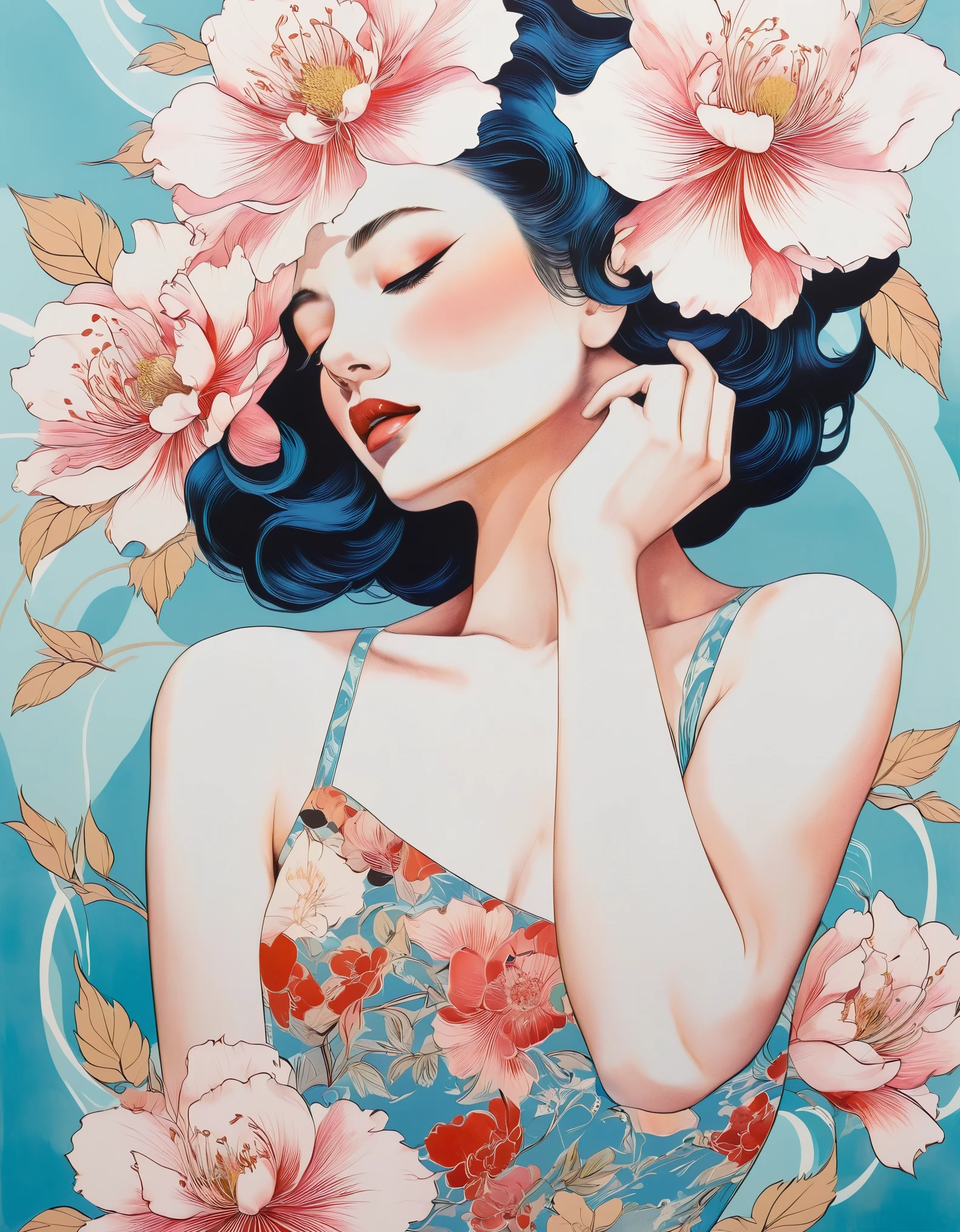 movie poster art for sensual illustration of an elegant , retro and vintage ,silky flower around body, matte painting, by Hannah Dale, by Harumi Hironaka, extremely soft colors, vibrant, pastel, highly detailed, digital artwork, high contrast, dramatic, Blue and white porcelain