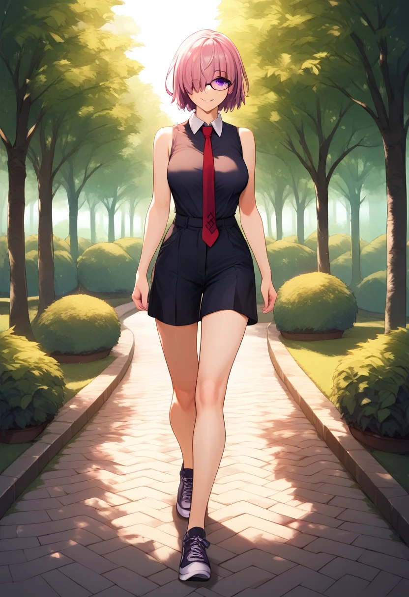 (masterpiece), (Best quality), (Very detailed), (high resolution), (8Khighres), (cel anime), (detailed beautiful face and eyes), (textile shading), (full body), (Park), mash kyrielight, short hair, purple eyes, pink hair, hair over one eye, glasses, hood, shirt, collared shirt, white collar, black shirt, necktie, red necktie, sleeveless, off shoulder, beautiful breasts, walking, light smile,,