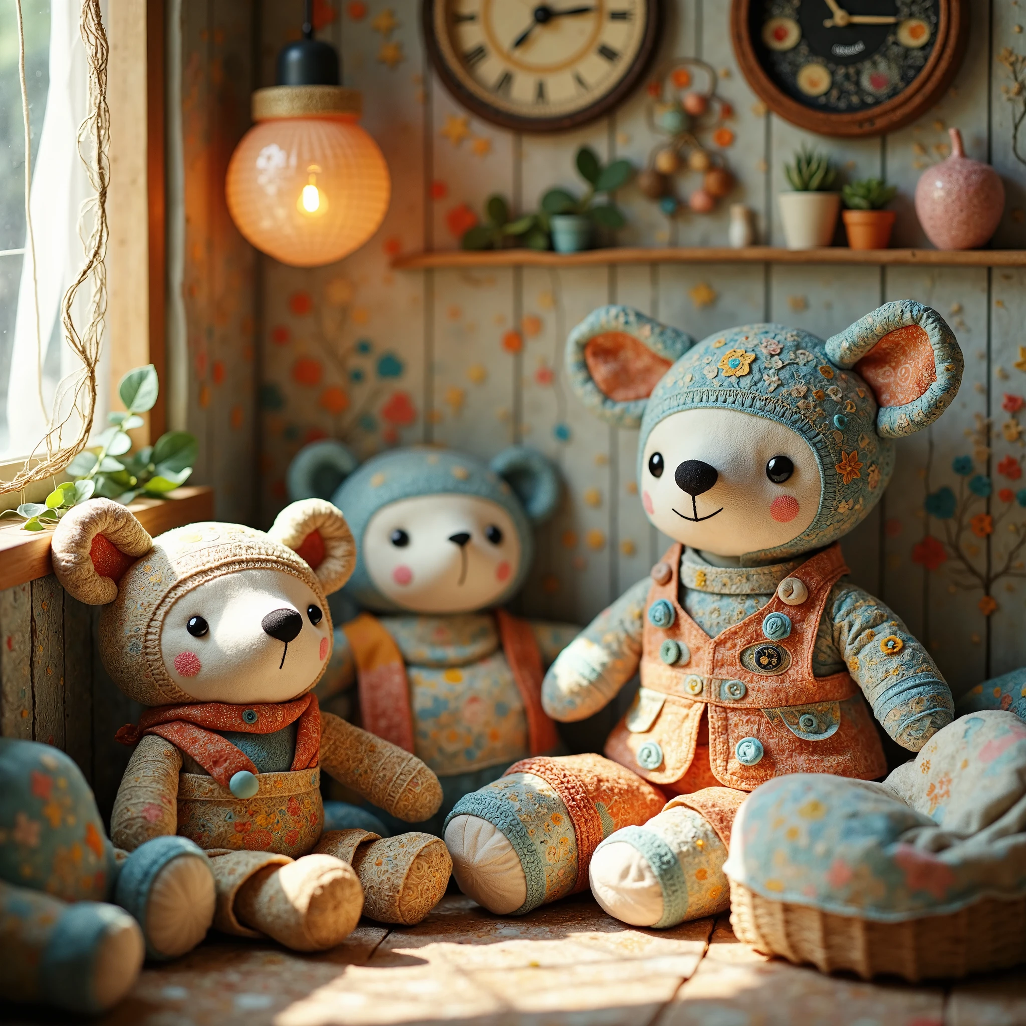 (masterpiece, best quality:1.2), A room with a couple of stuffed animals,handmade style