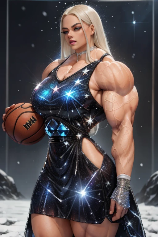 ((Close-up)), tall, (White hair) beautiful muscular woman, long straight hair, brown skinned, closed smile, (black lipstick), (massive muscles), (hyper muscle), (((ginormous bulky muscles))), blue eyes, ((((long sparkly white Crystalline basketball jersey Dress adorned with snow designs)))), (Crystalline fingerless gloves), choker, (Crystalline gauntlets) high heels, ((surrounded by ice)), (on top a mystical city) 