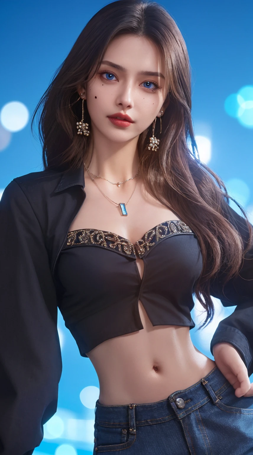 8K Ultra HD、Digital SLR Camera、soft light、high quality、Volumetric Lighting、frank、photo、high resolution、4K、8k、Bokeh，The eyes and face are very detailed，delicate and thin eyebrows, Beautiful big eyes，eyes highlights，Clear eyes, Delicate lips, The smile, Pretty Face，Small round face, Create stunning girl images, warm color, Very high color saturation，The legs look very long from the front，dynamic poses，Normal standing posture，(Looking at the audience:1.1)，black background，Chinese Tang Dynasty Beauty，Golden Ratio, Minimalism，Transparent and visible skin, Transparent silk garment，Sheer Silk Long Sleeve Off-The-Shoulder Cropped Top，Sheer silk mini skirt，Tea brown hair、Gradient Hairstyle，(Cleavage、Exposed breasts、sexy、very detailed breasts, d cup size)，(Black sheer knee-high socks,Garter belt、garter rings、Leg garters)