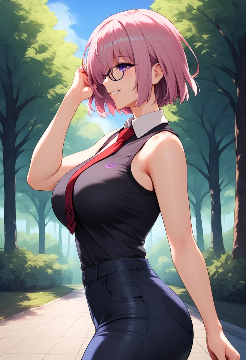 (masterpiece), (Best quality), (Very detailed), (high resolution), (8Khighres), (cel anime), (detailed beautiful face and eyes), (textile shading), (cowboy shot), (Park), mash kyrielight, short hair, purple eyes, pink hair, hair over one eye, glasses, hood, shirt, collared shirt, white collar, black shirt, necktie, red necktie, sleeveless, off shoulder, beautiful breasts, walking, smile, hand in own hair, from side,,