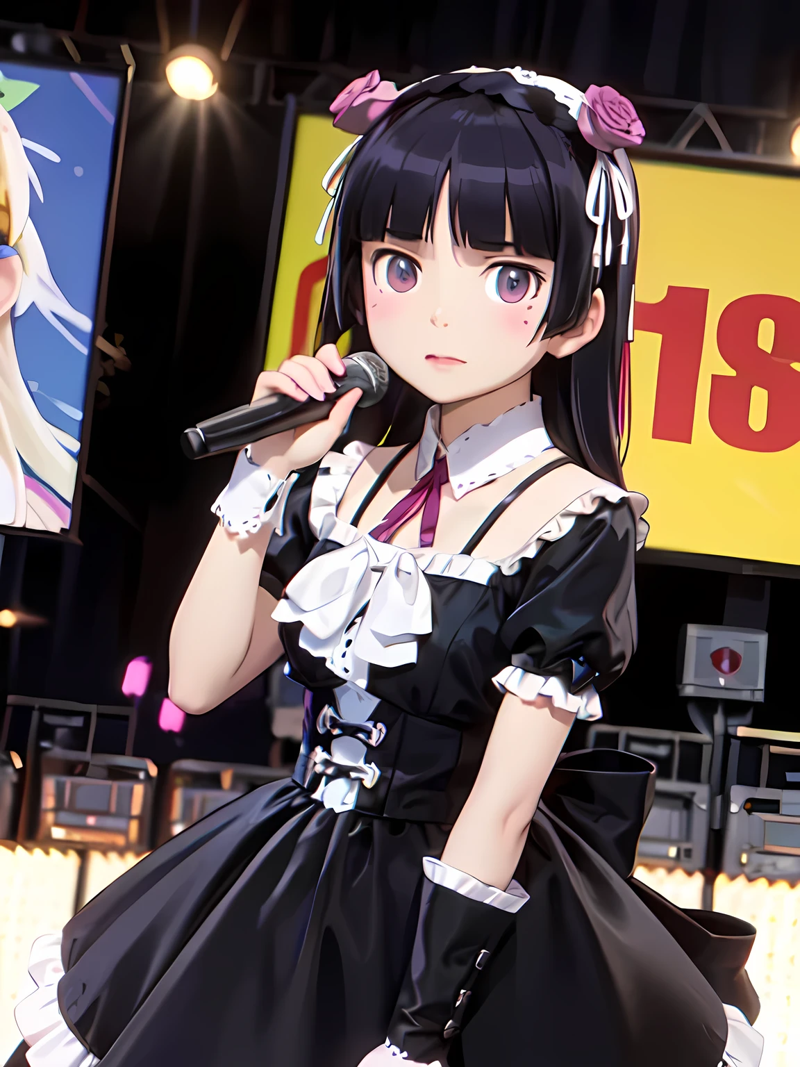 (ruri gokou), 1 female, Alone, Black Hair, Hime cut, Long Hair, Hairbands, Japanese idol costumes, Idol Dress, concert、Concert Lighting