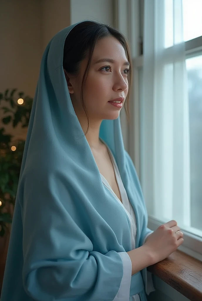 Mother of Jesus, with black hair and green eyes, light brown skin, wearing a light blue robe, and a sky blue veil, bringing a calm expression of peace (full body) near the window, illuminated by moonlight (magnificent and realistic)