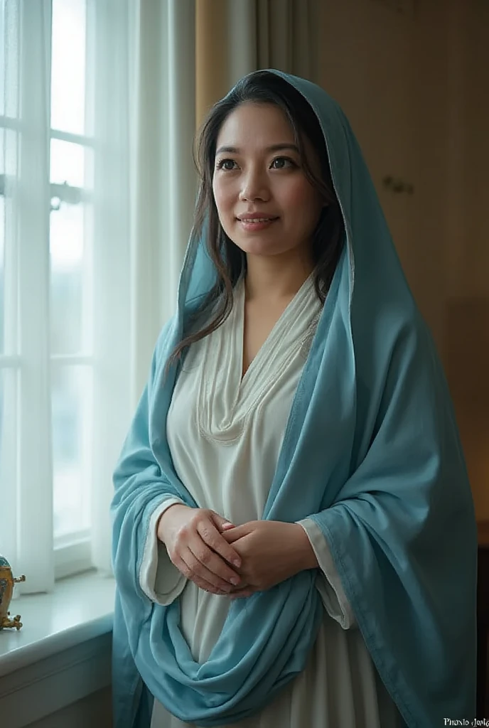 Mother of Jesus, with black hair and green eyes, light brown skin, wearing a light blue robe, and a sky blue veil, bringing a calm expression of peace (full body) near the window, illuminated by moonlight (magnificent and realistic)