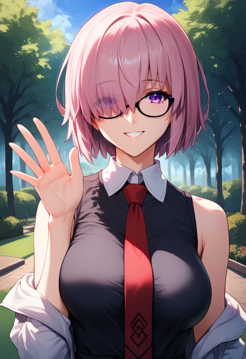 (masterpiece), (Best quality), (Very detailed), (high resolution), (8Khighres), (cel anime), (detailed beautiful face and eyes), (textile shading), (upper body), (Park), mash kyrielight, short hair, purple eyes, pink hair, hair over one eye, glasses, hood, shirt, collared shirt, white collar, black shirt, necktie, red necktie, sleeveless, off shoulder, beautiful breasts, smile, waving,,