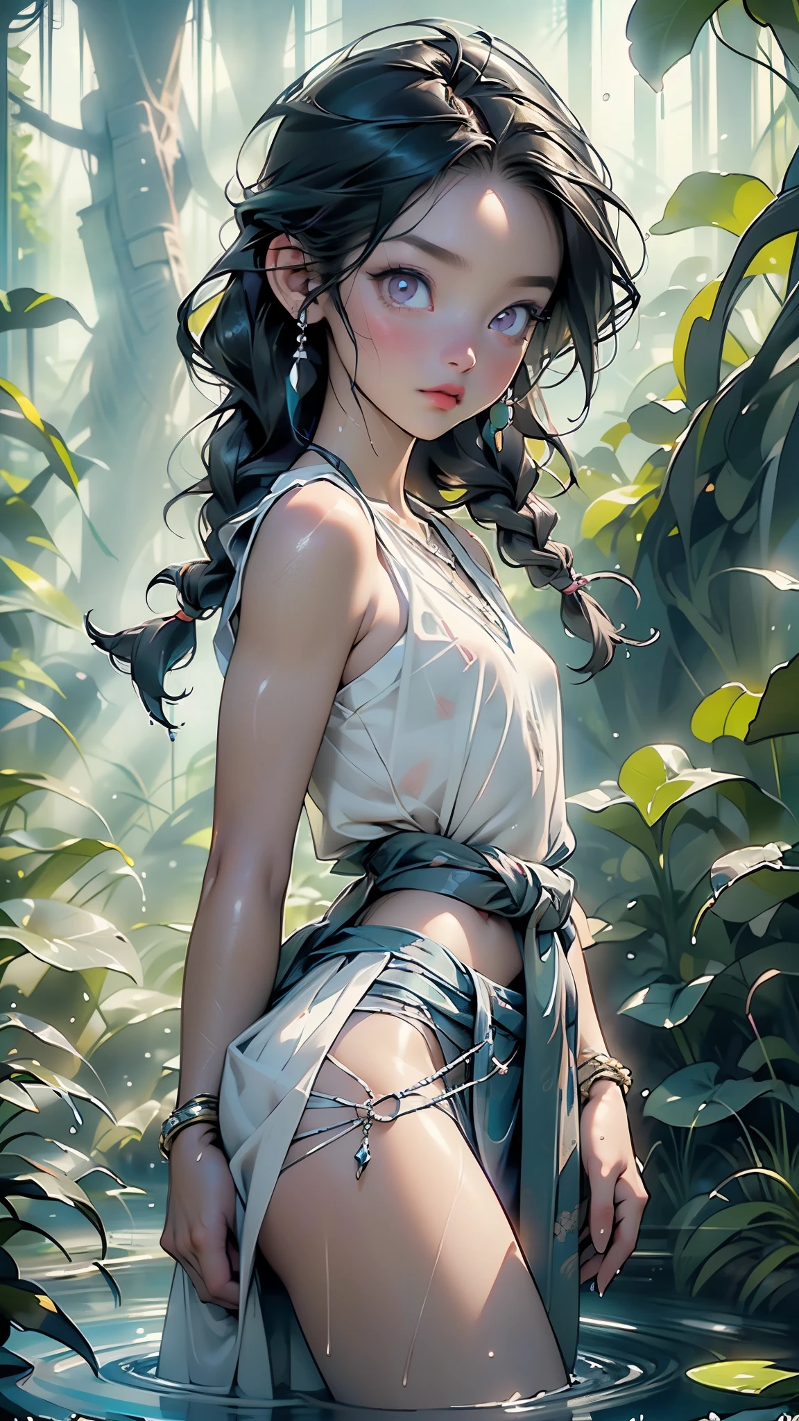 little tribal,(((little ,small tiny body,,chibi,small))),((())),
(((flat chest))),((((long twin braids,tight braids,long braid,braided hair,long hime cut,dark hair,black hair,colored inner hair)))),(((purple_eyes:1.3))),intricate eyes,beautiful detailed eyes,symmetrical eyes,(big eyes:1.5),((((lustrous skin:1.5,tanned skin,bright skin: 1.5,skin tanned,shiny skin,very shiny skin,shiny body,Reflective skin)))),(((detailed face))),beautiful detailed lips,
(cute,kawaii,(nsfw)),
(sideboob),loincloth,strapless,midriff,navel,barefoot,bare arms,jewelry,red loincloth with no panties,tube crop top,hair ornament,earrings,exposed belly button,necklace,slim waist,hair ornament,(tribal clothing),(tribal body paint),skinny,(((torn:1.5, middle chest torn crop top1.1,no panties))),((orange clothes,wet clothes,intricate outfit)),
(Moaning in pain,feeling pain,tears flowing,sore,crying in pain,frightened and crying,covered in tears,obeying pain,moaning in pain,grimaces of pain,(feeling empty),(regret),dynamic pose,looking at viewer,centered,scale to fit dimensions,Rule of thirds,
lonely atmosphere,broken furniture,
((((many fireflies,fireflies,glowing fireflies,fireflies in the background)))),
outdoors,overgrown,(overgrown background,glowing crystals,bioluminescent plant),scenery,extremely scenery,(((glowing crystals,bioluminescent plants))),(puddles everywhere,moss,moss on the background),clouds,lily pads,palms,reeds,(sunset, golden hour),
(Glossy Egyptian ornaments),highres,sharp focus,(ultra detailed,extremely detailed),(photorealistic artwork:1.37),(extremely detailed CG unity 8k wallpaper),(((vibrant colors,vibrant theme))),(intricate),(masterpiece),(best quality),artistic photography,(photography taken by sldr),(intricate background),perfect rendered face,perfect face details,realistic face,photo realistic,((intricate detail)),(((realism))),