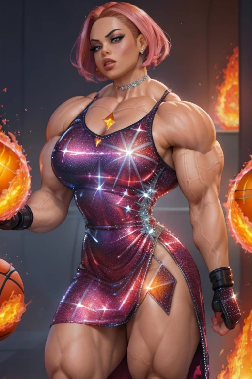 ((Close-up)), tall, (shocking pink hair) beautiful muscular woman, angled Bob cut, brown skinned, closed smile, (black lipstick), (massive muscles), (hyper muscle), (((ginormous bulky muscles))), red eyes, ((((long sparkly pink Crystalline basketball jersey Dress adorned with fire designs)))), (Crystalline fingerless gloves), choker, (Crystalline gauntlets) high heels, ((surrounded by fire)), (on top a mystical skyscraper) 